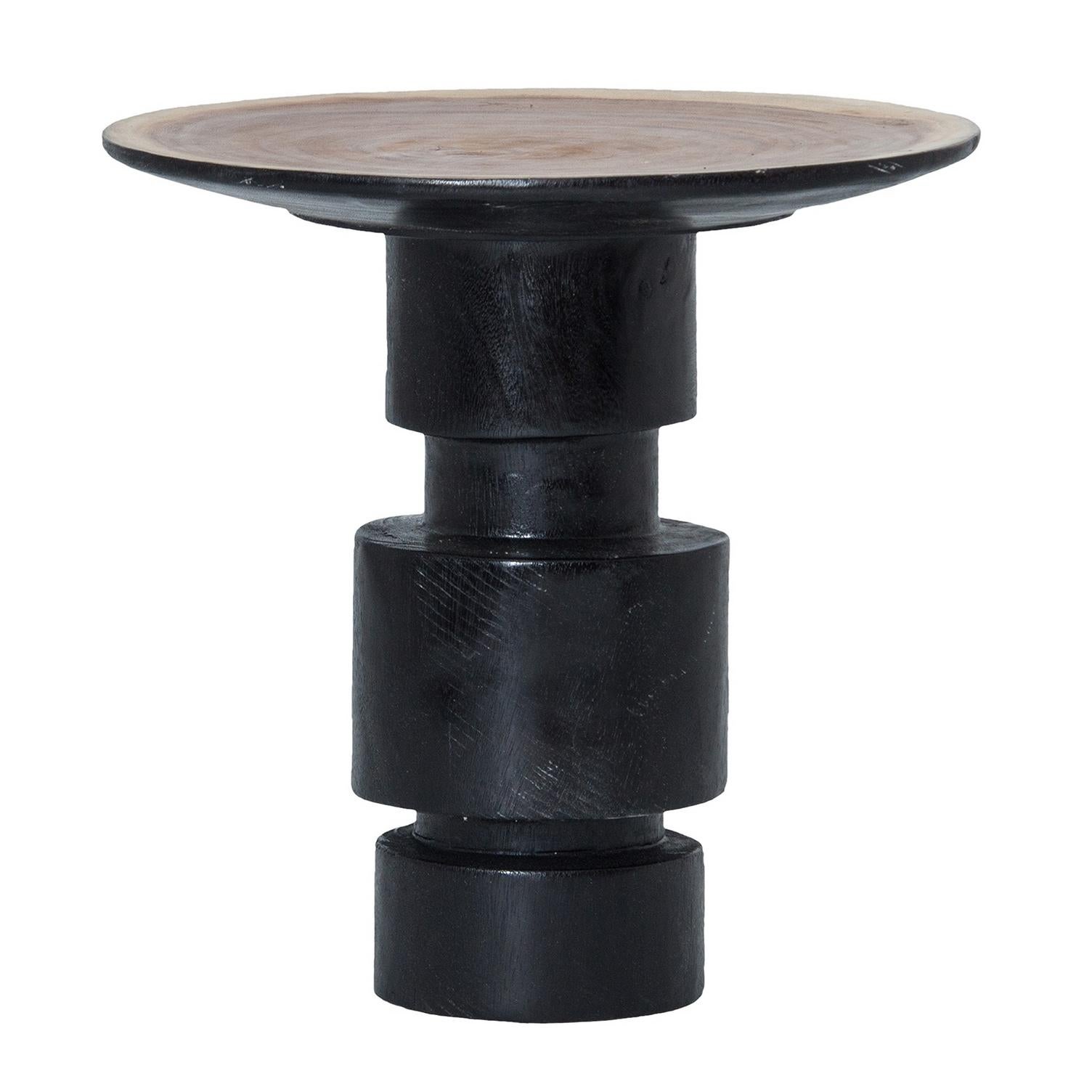 Pair of Primitive design and Brutalist style ebonized solid wood side tables.