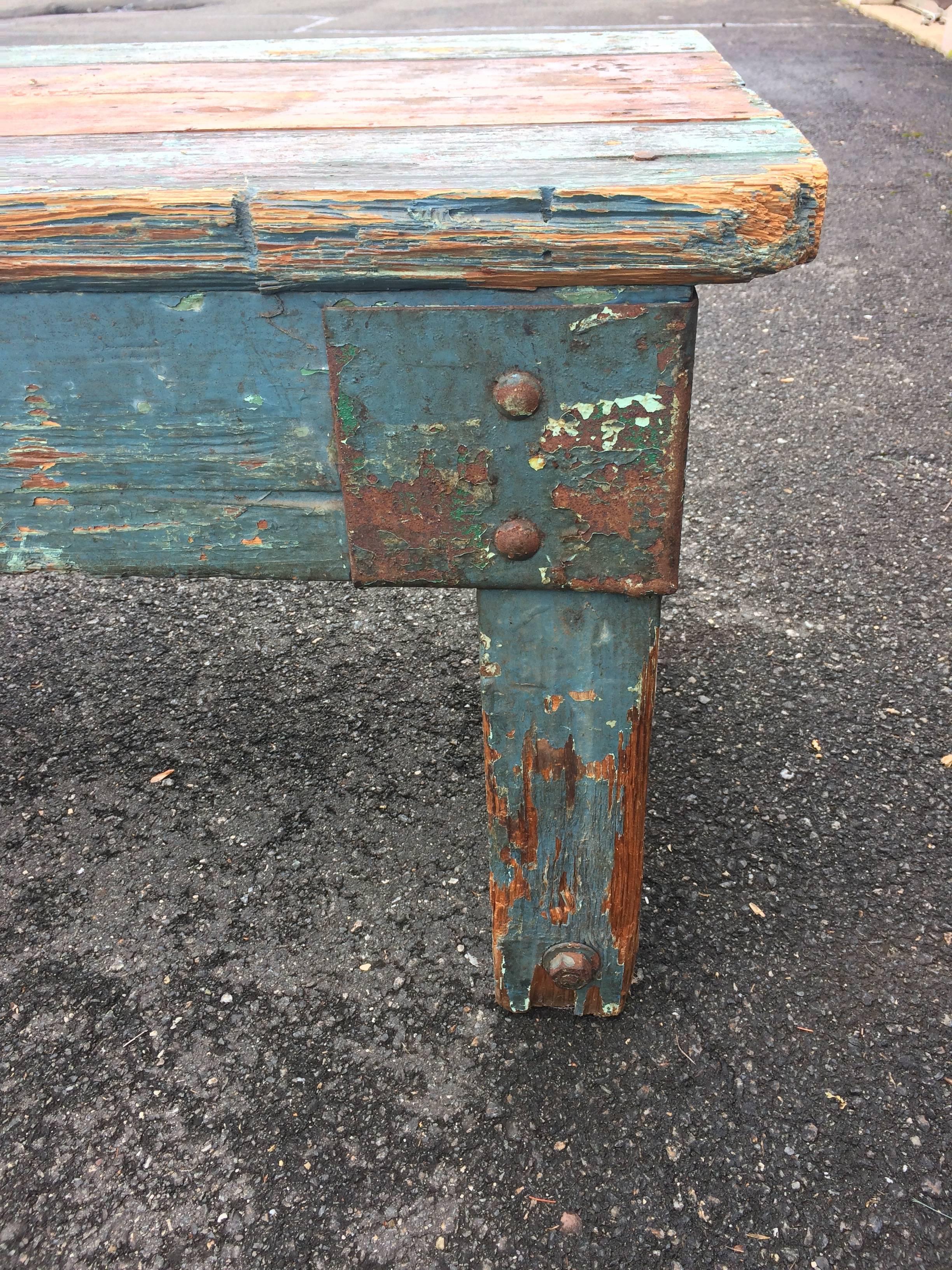 Mid-20th Century Primitive and Gorgeous Painted Reclaimed Wood Bench