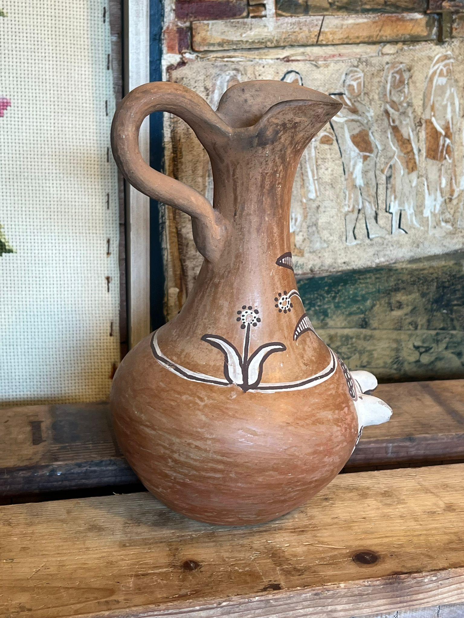 This Piece is possibly Mayan Aztec in origin and depicts the face of an animal in 3D as well as floral motifs on the jug itself. This Piece has nice patina and character. Vintage Condition as pictured. Listing is for described item only.