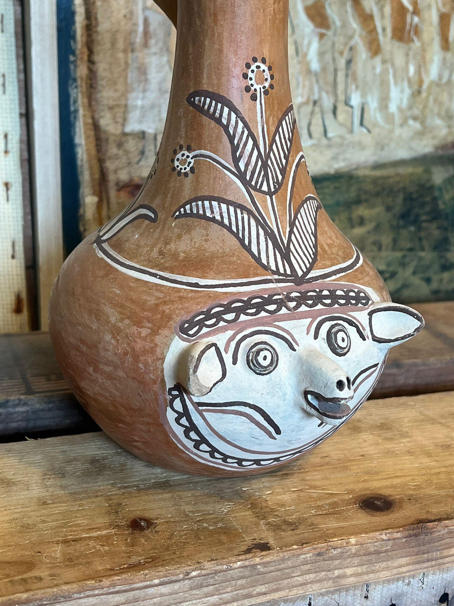 Folk Art Primitive Animal Face Jug Clay pottery Folk art Head pitcher Sculpture. For Sale