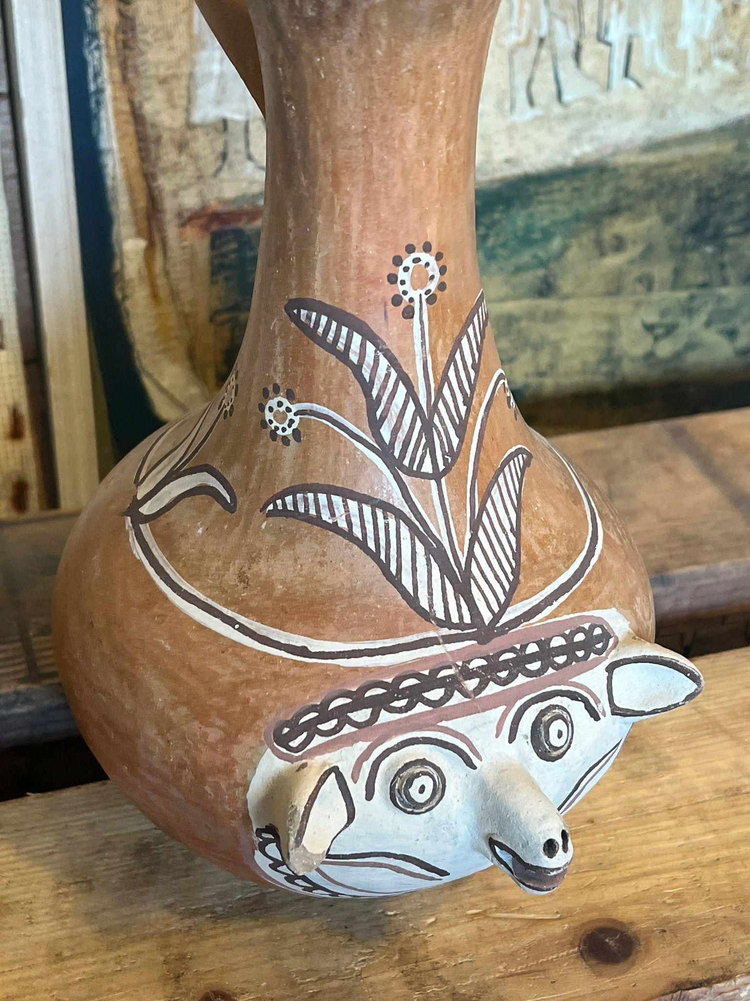 Primitive Animal Face Jug Clay pottery Folk art Head pitcher Sculpture. In Good Condition For Sale In Seattle, WA