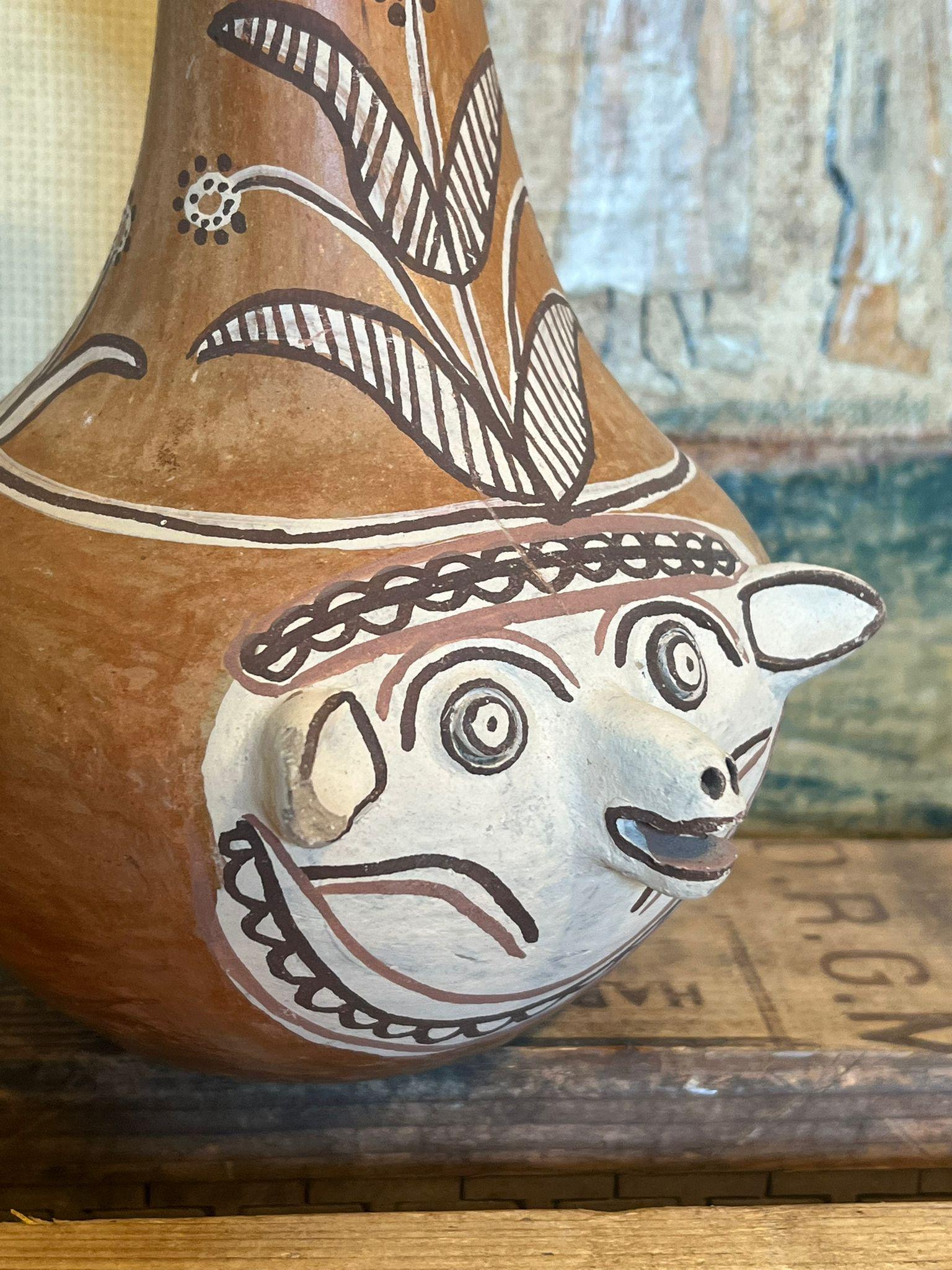 Late 20th Century Primitive Animal Face Jug Clay pottery Folk art Head pitcher Sculpture. For Sale