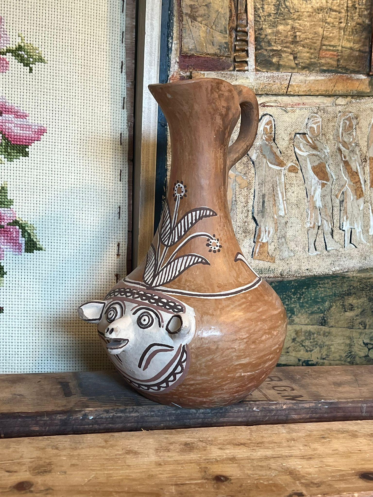Primitive Animal Face Jug Clay pottery Folk art Head pitcher Sculpture. For Sale 1
