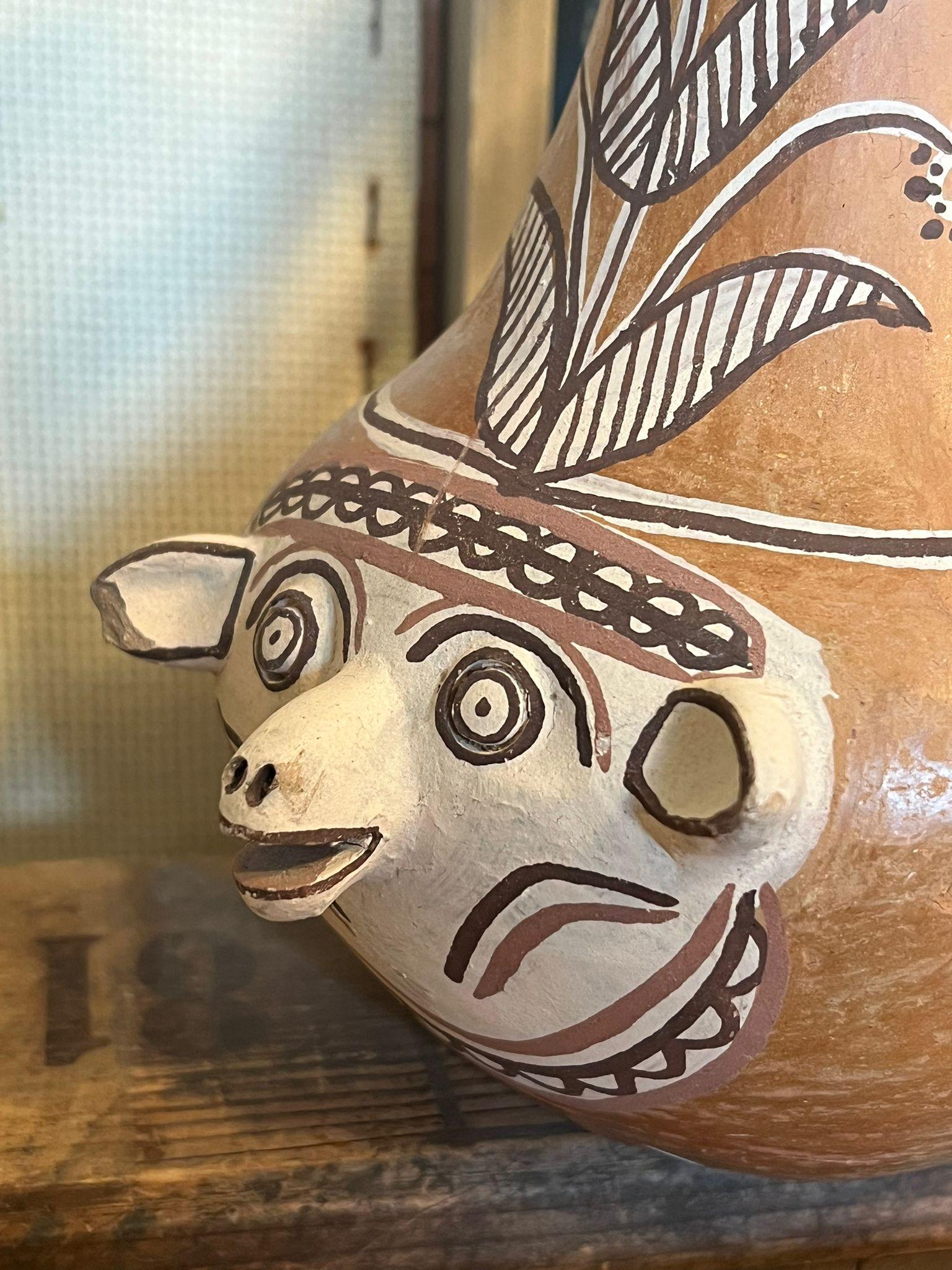 Primitive Animal Face Jug Clay pottery Folk art Head pitcher Sculpture. For Sale 2