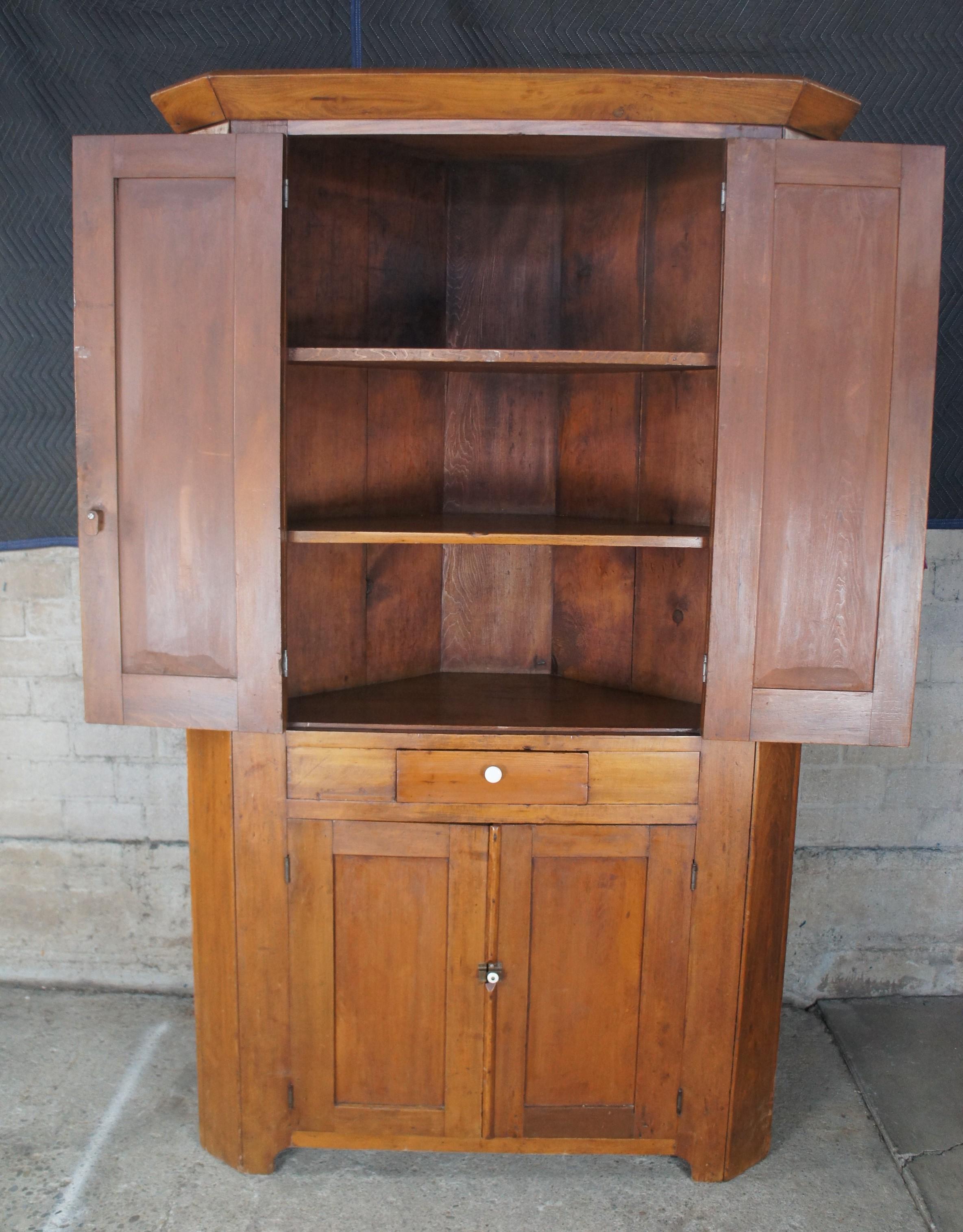 American Classical Primitive Antique 19th C. American Walnut Distressed Corner Cabinet Cupboard