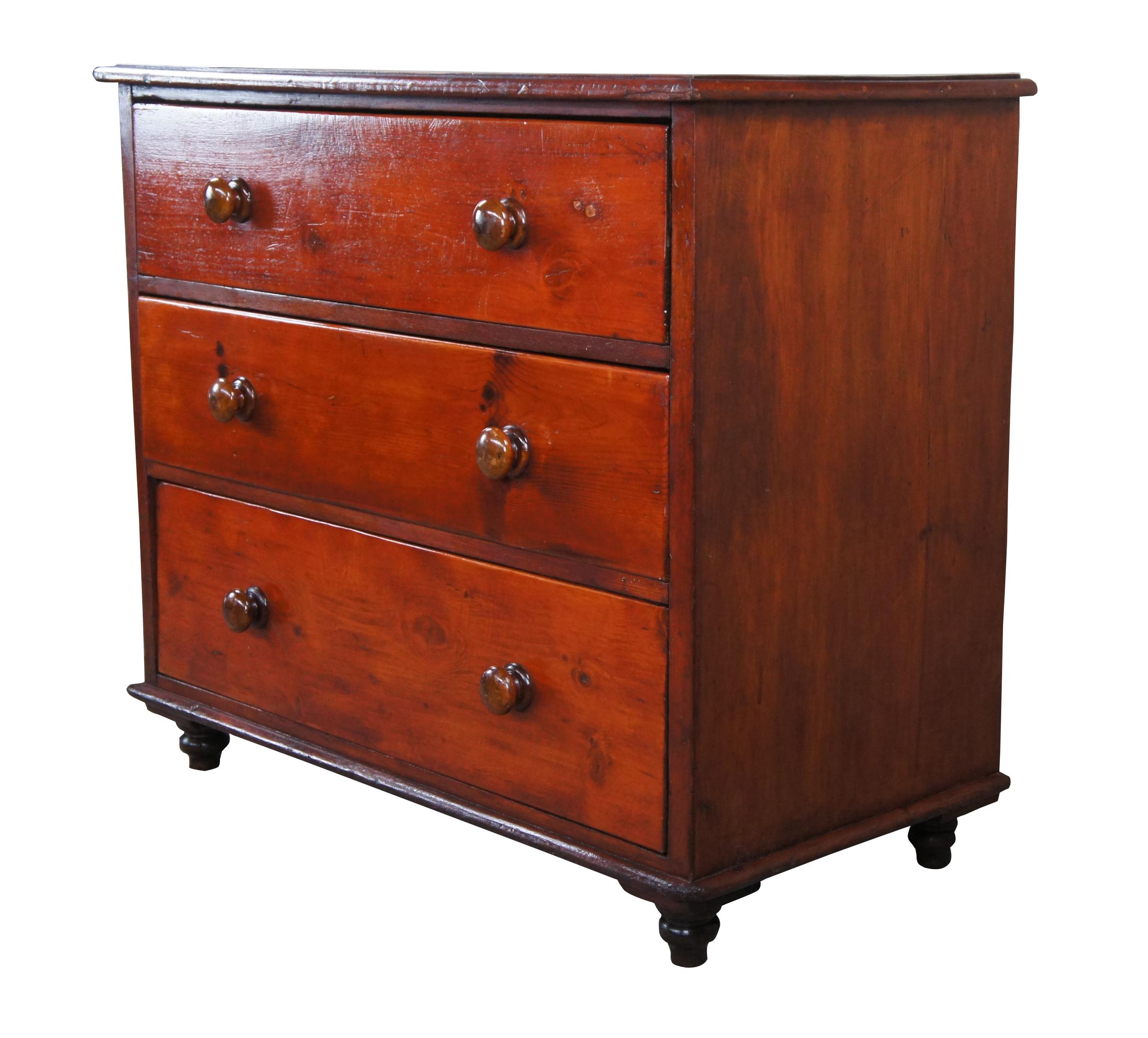 Rustic Primitive Antique 19th Century English Pine Chest of Three Drawers Dresser