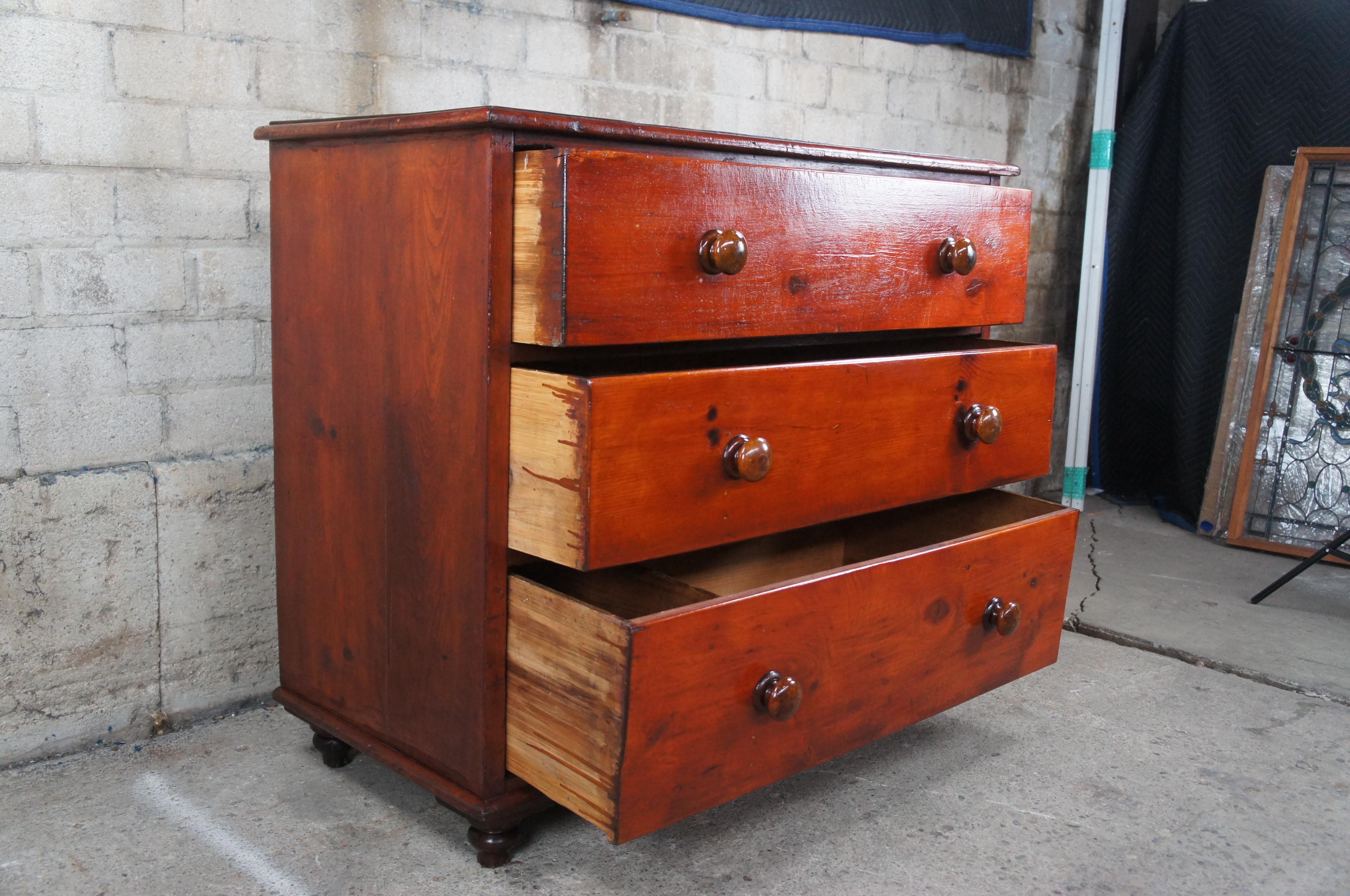 Primitive Antique 19th Century English Pine Chest of Three Drawers Dresser 2