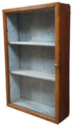 Primitive Antique American Oak Wall Hanging Curio Display Case Cabinet