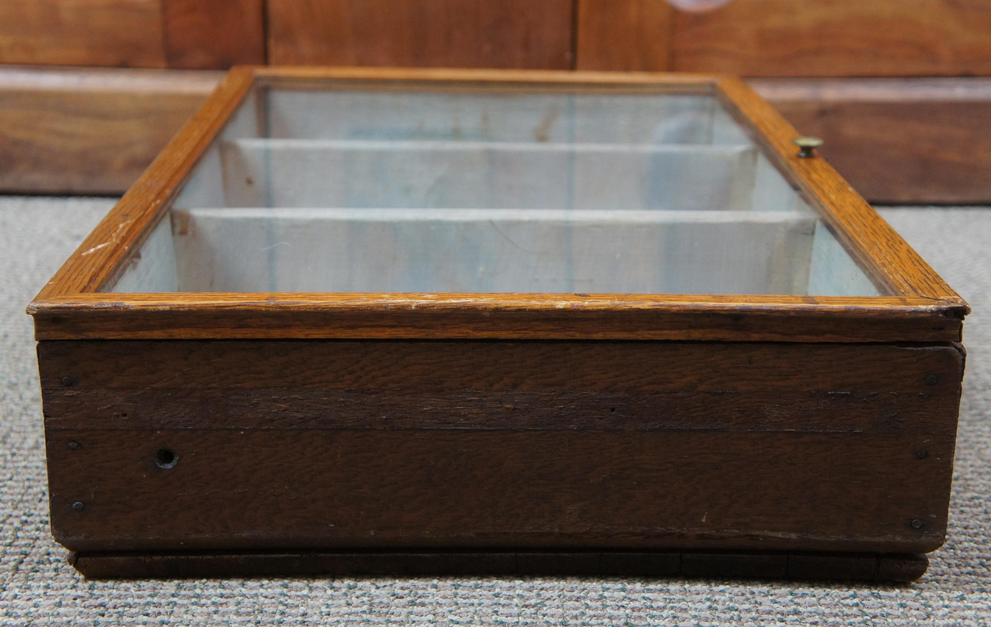 Glass Primitive Antique American Oak Wall Hanging Curio Display Case Cabinet