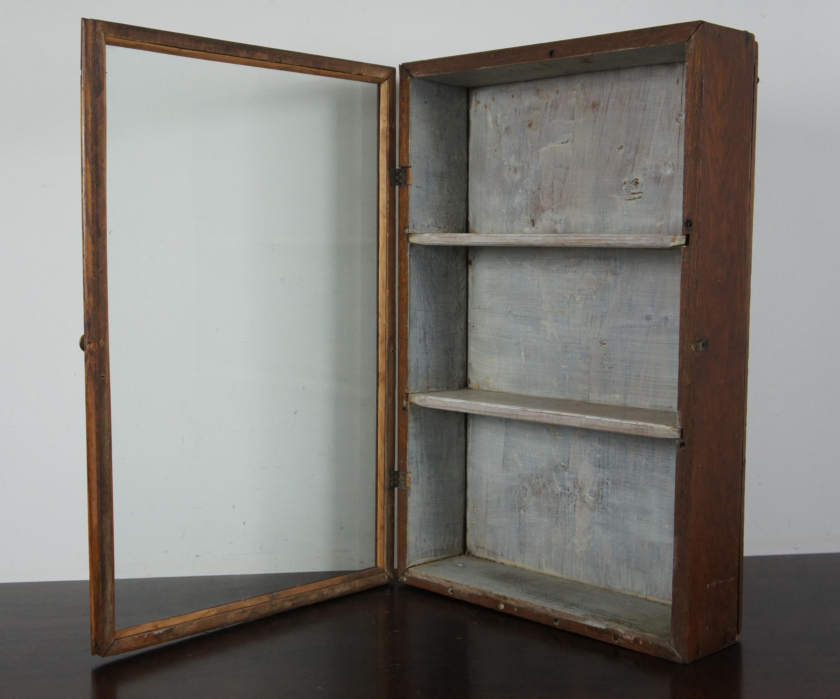Primitive Antique American Oak Wall Hanging Curio Display Case Cabinet 1
