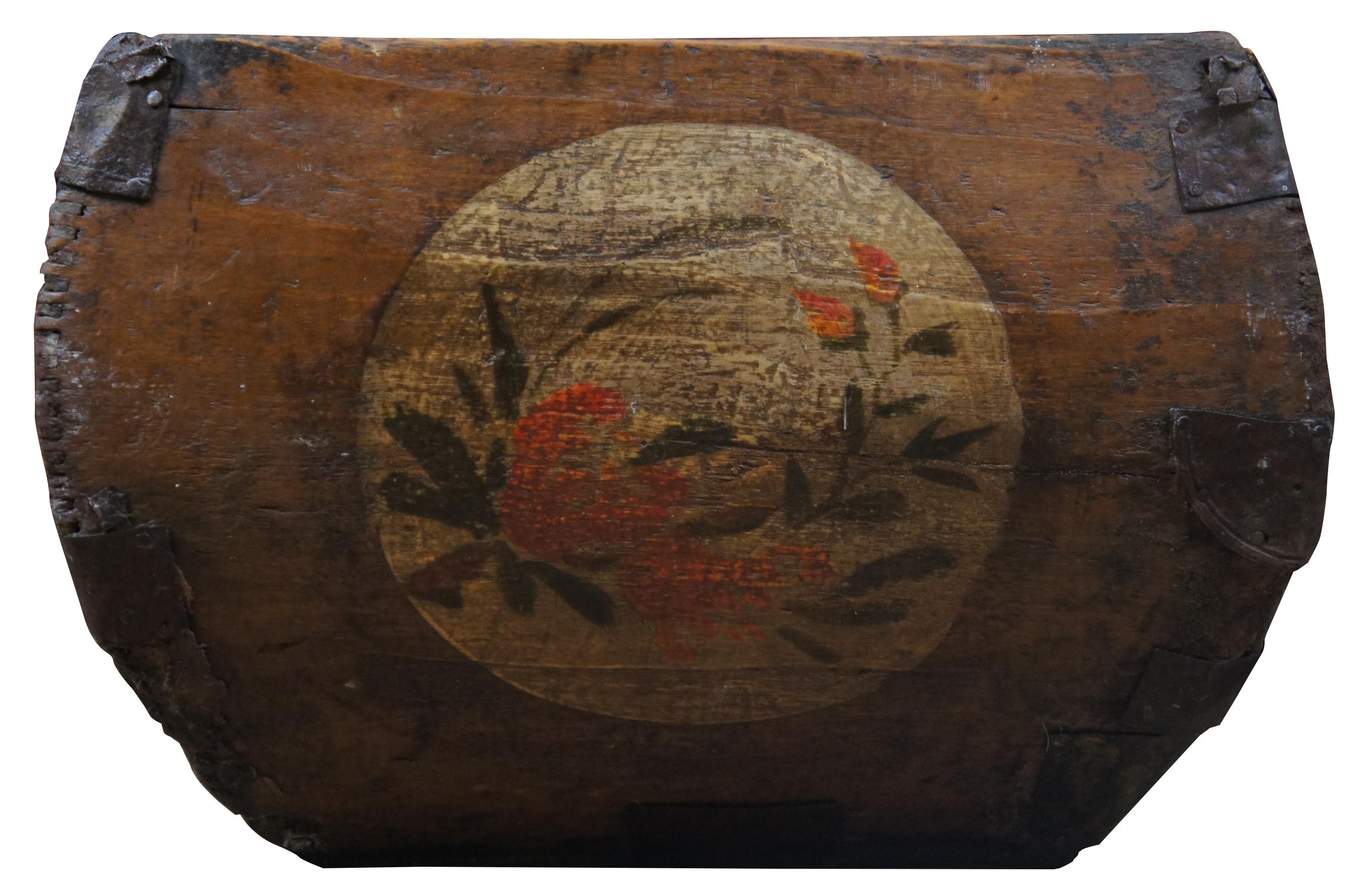 Antique wooden grain or rice measure / harvesting bucket with handle across the middle and iron accents. Two sides are painted with folk art medallions of flowers and tomatoes.
 