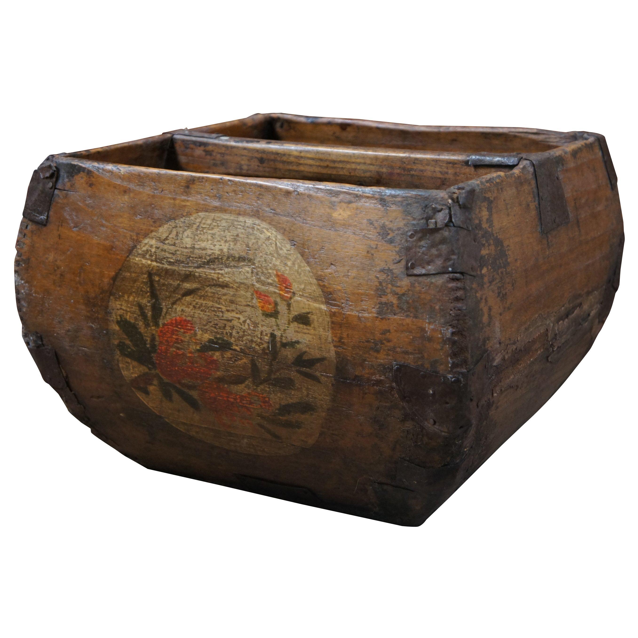 Antique Chinese Folk Art Wood & Iron Rice Grain Harvest Basket Bucket