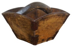 Primitive Antique Chinese Japanese Wooden Rice Grain Harvest Bucket Basket