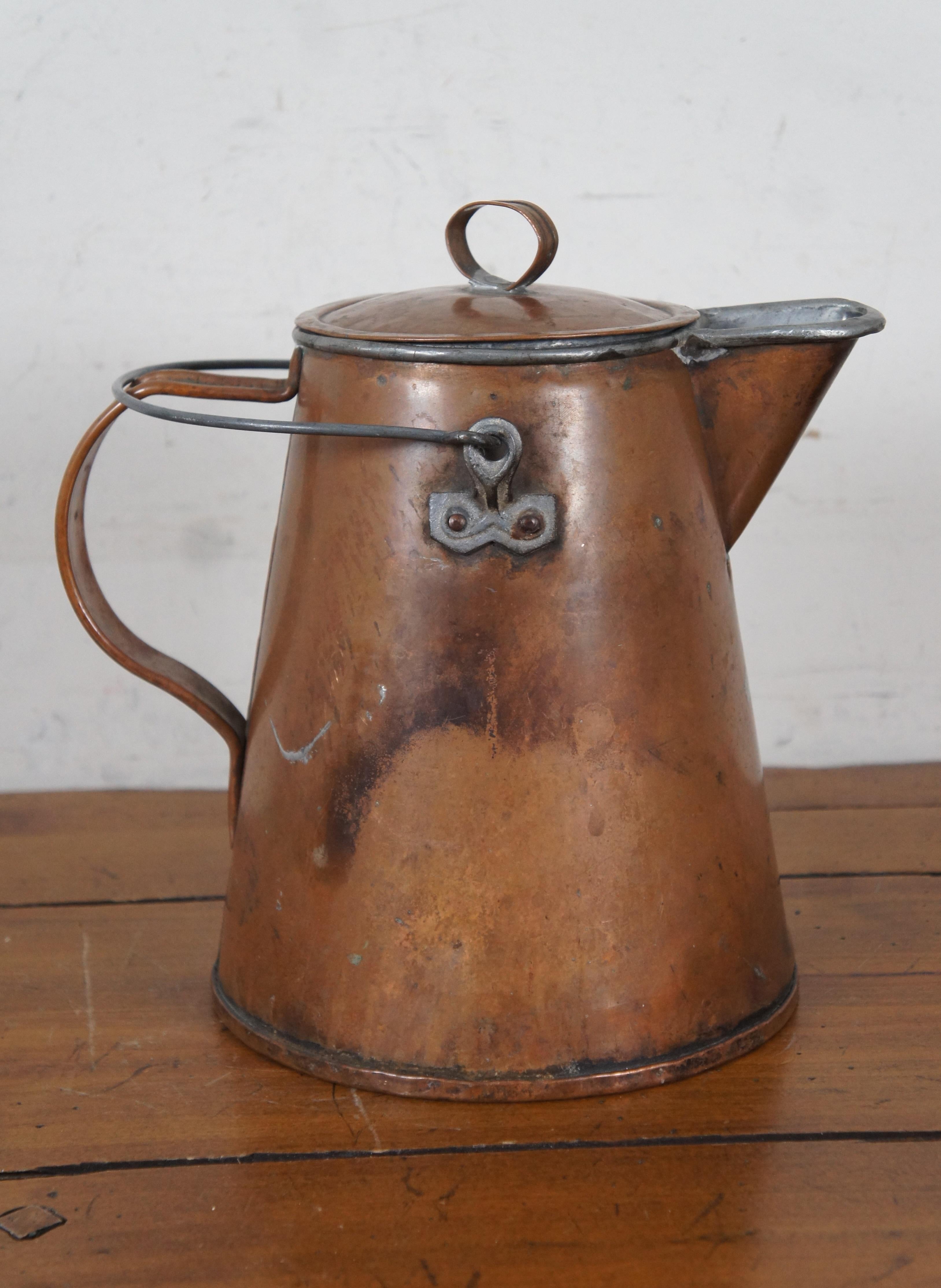 XIXe siècle Primitive Antique Copper Tea Pot Coffee Kettle Cowboy Farmhouse Teapot 11