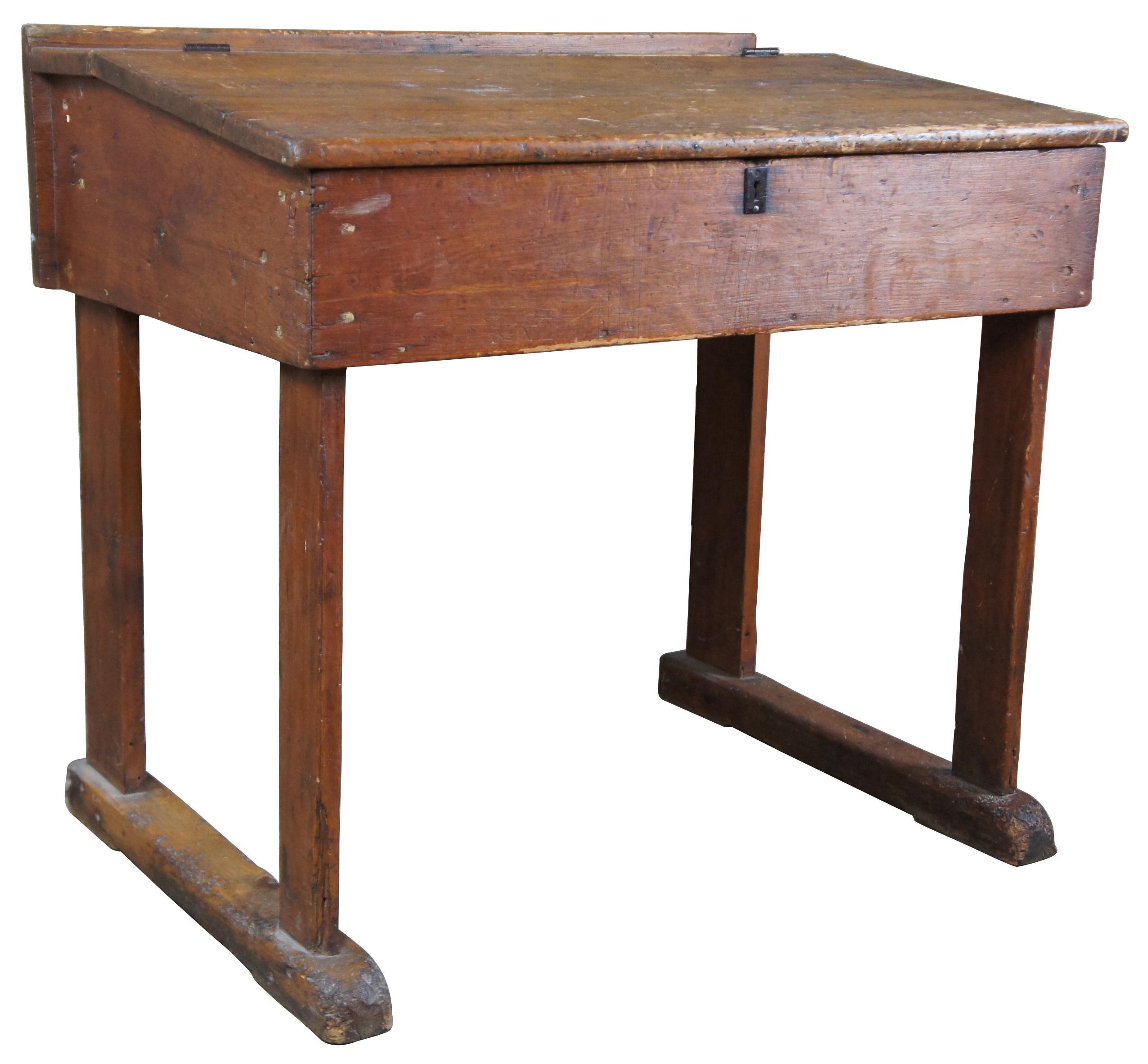 American pine slant top writing desk, circa 19th century. Features an aged distressed patina. Great for use or display! 
 
Height at bottom of slant - 32