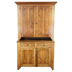 Primitive Antique Early American Style Oak Blind Door Stepback Cupboard Cabinet