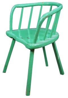 Antique Green Painted Boho Barrel Back Windsor Caboose Tavern Arm Chair