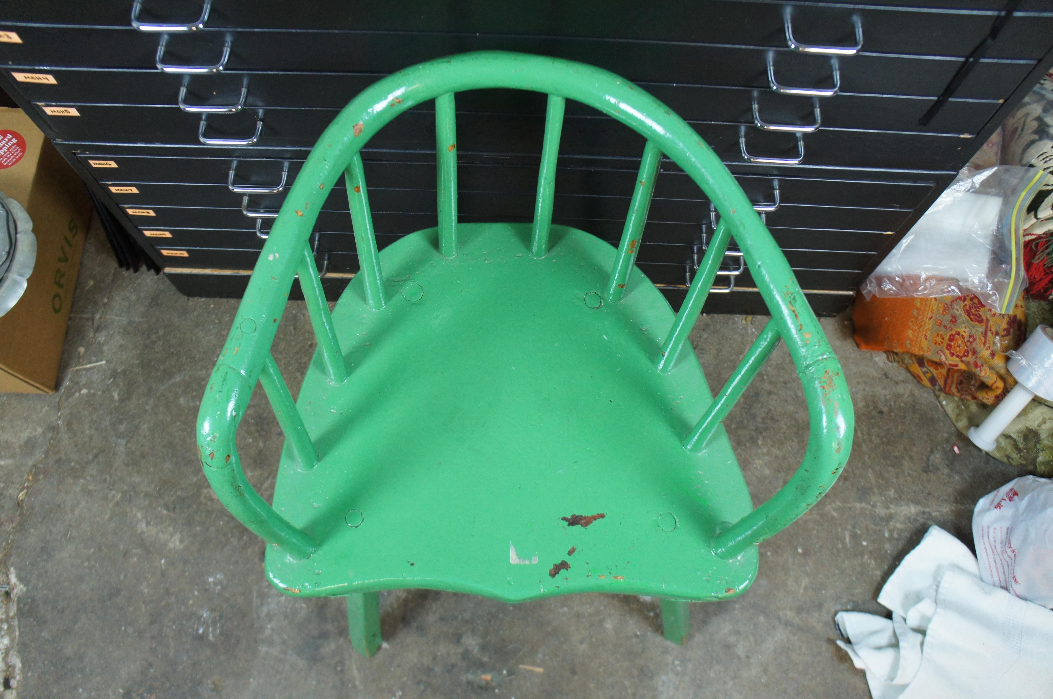 Hardwood Primitive Antique Green Painted Barrel Back Windsor Caboose Tavern Arm Chair For Sale