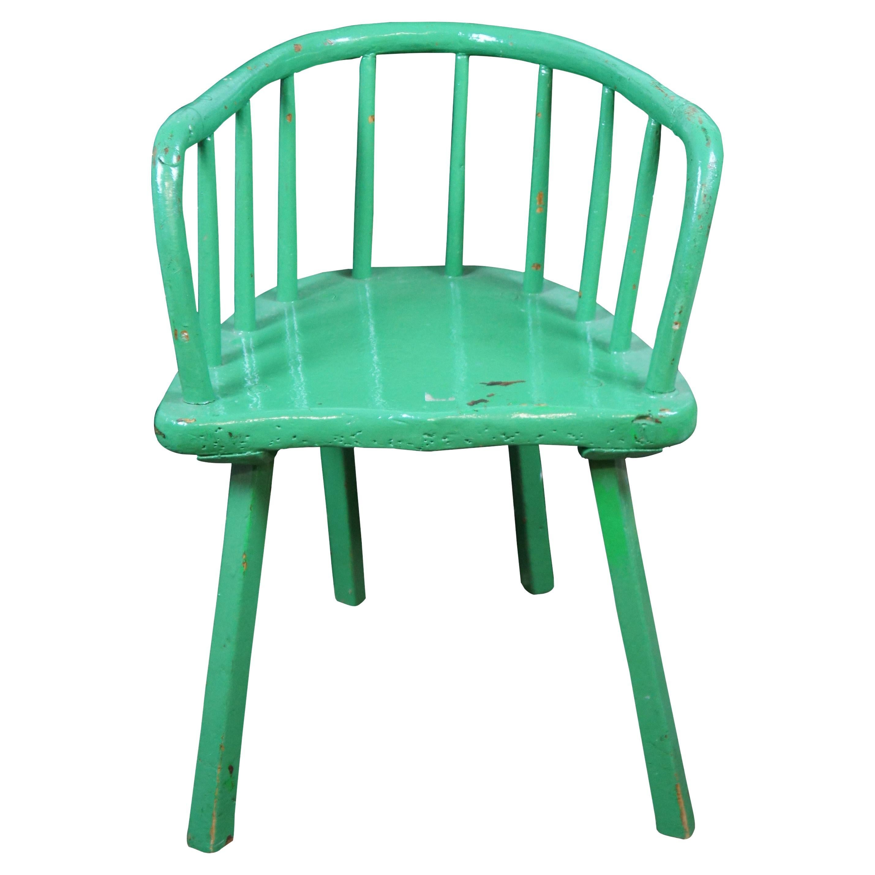 Antique Green Painted Boho Barrel Back Windsor Caboose Tavern Arm Chair