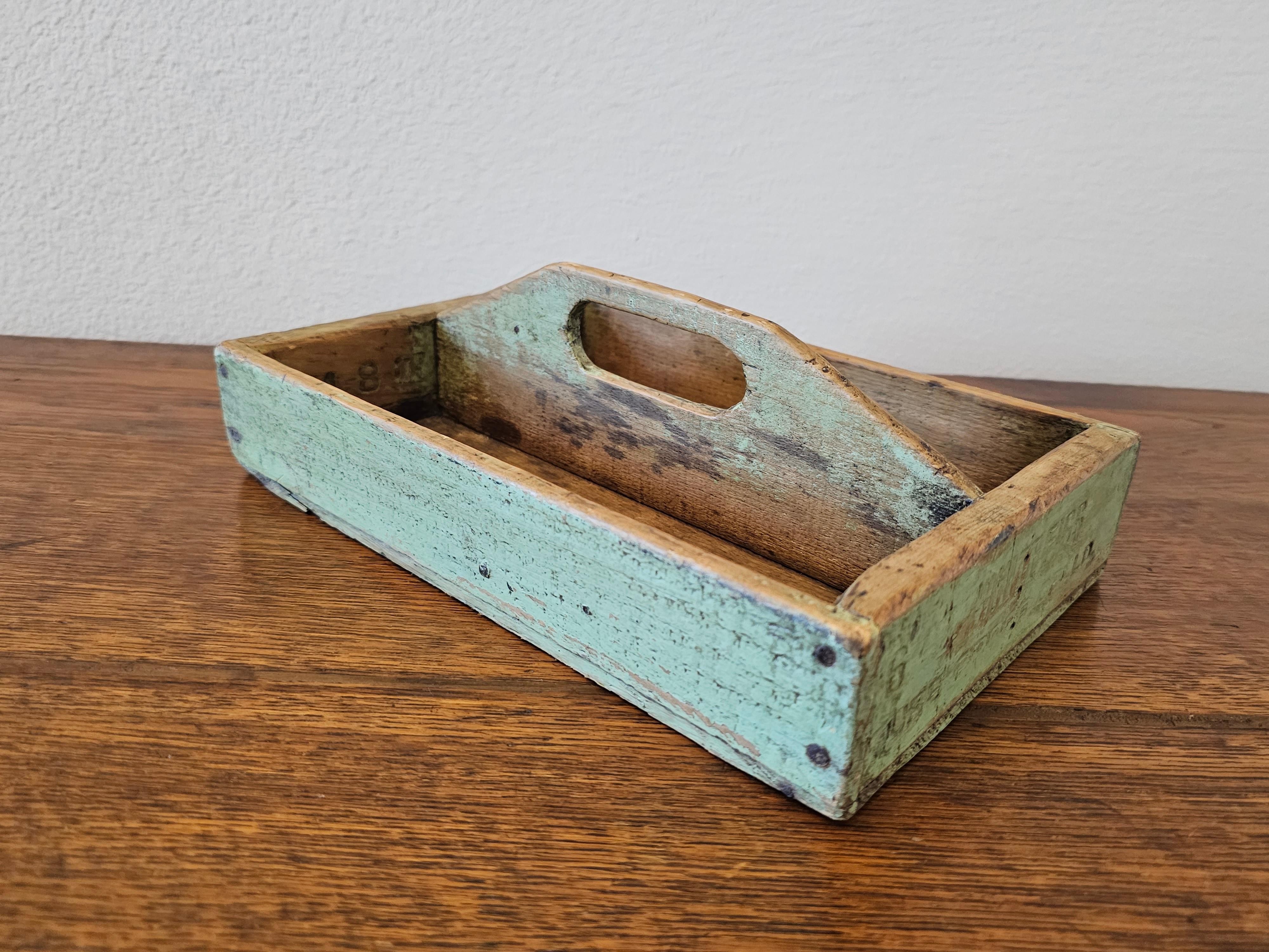 Primitive Antique Painted Wooden Cutlery Caddy Decorative Tray For Sale 3