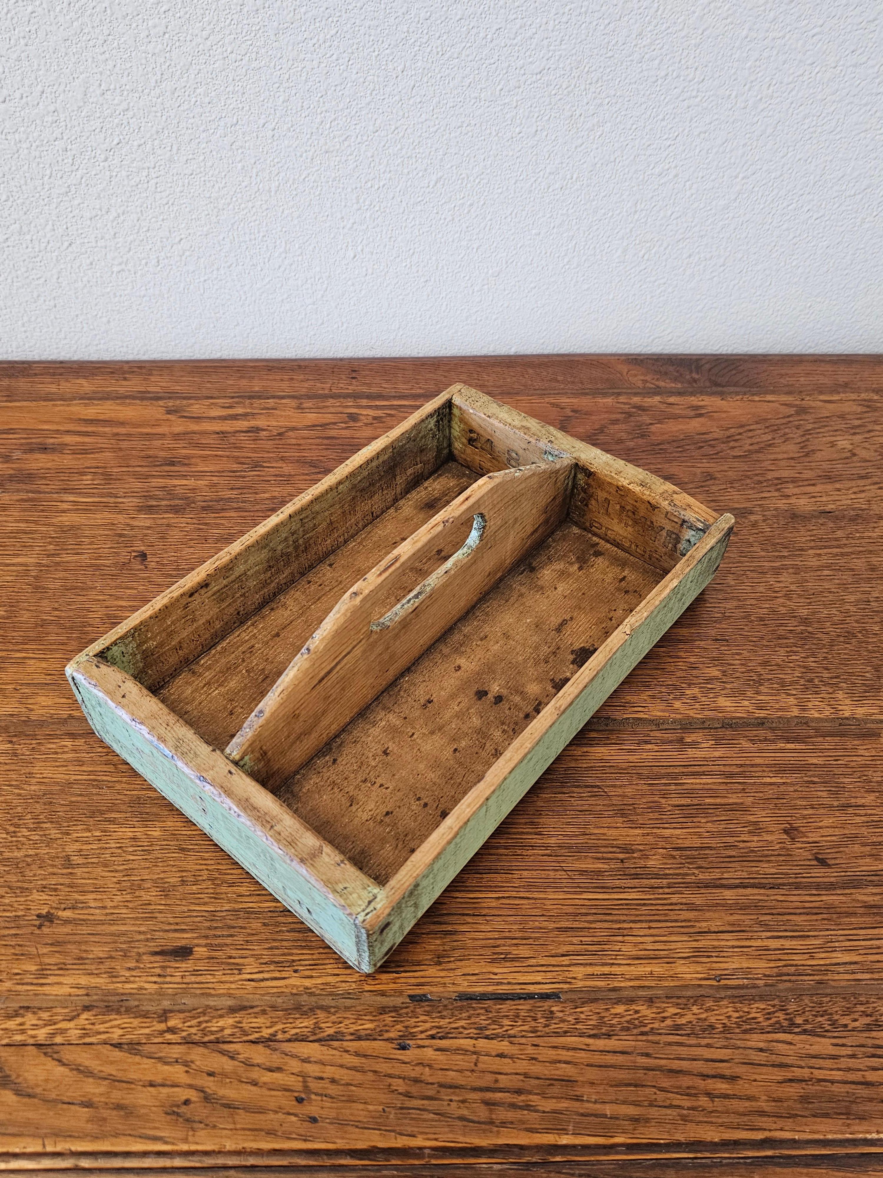 Primitive Antique Painted Wooden Cutlery Caddy Decorative Tray For Sale 7