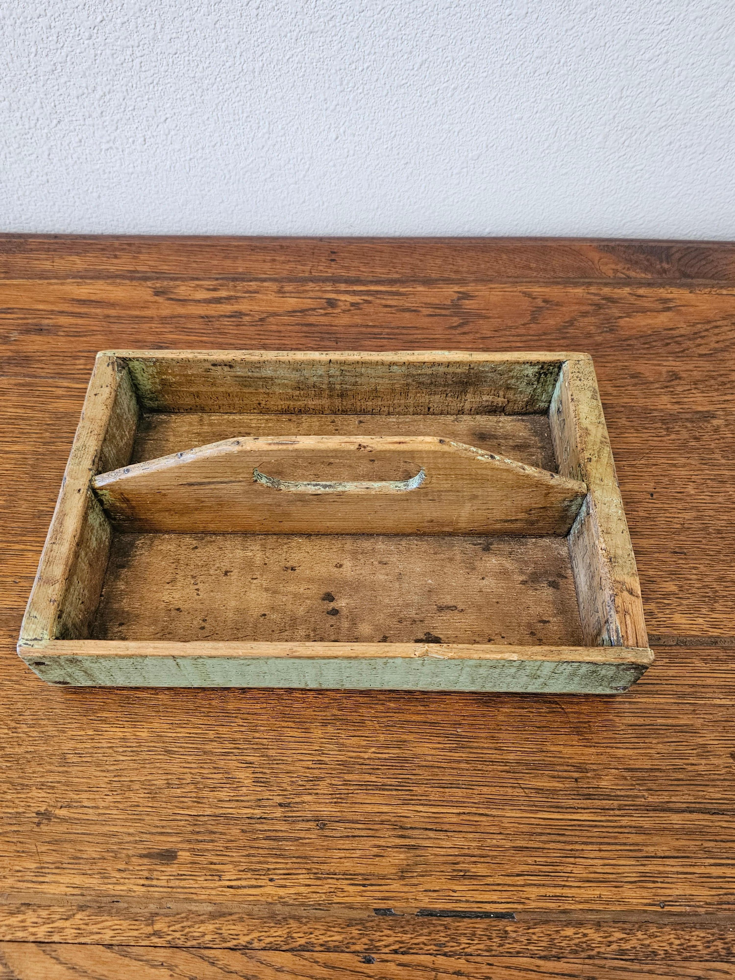 Primitive Antique Painted Wooden Cutlery Caddy Decorative Tray For Sale 8