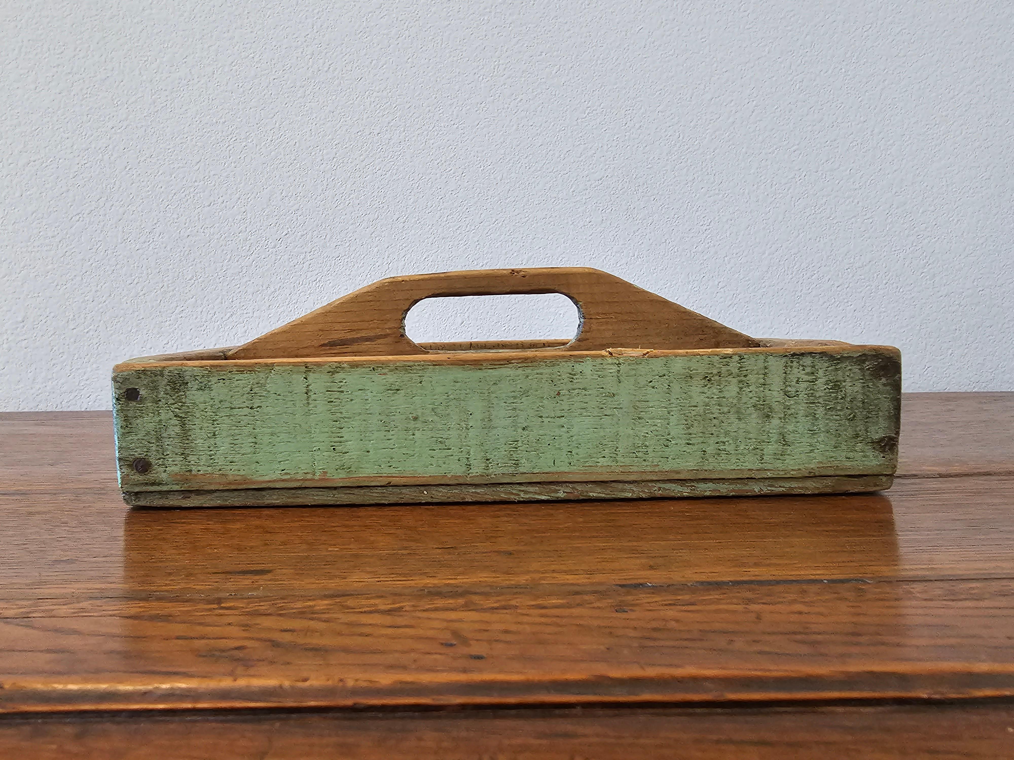 Primitive Antique Painted Wooden Cutlery Caddy Decorative Tray For Sale 9