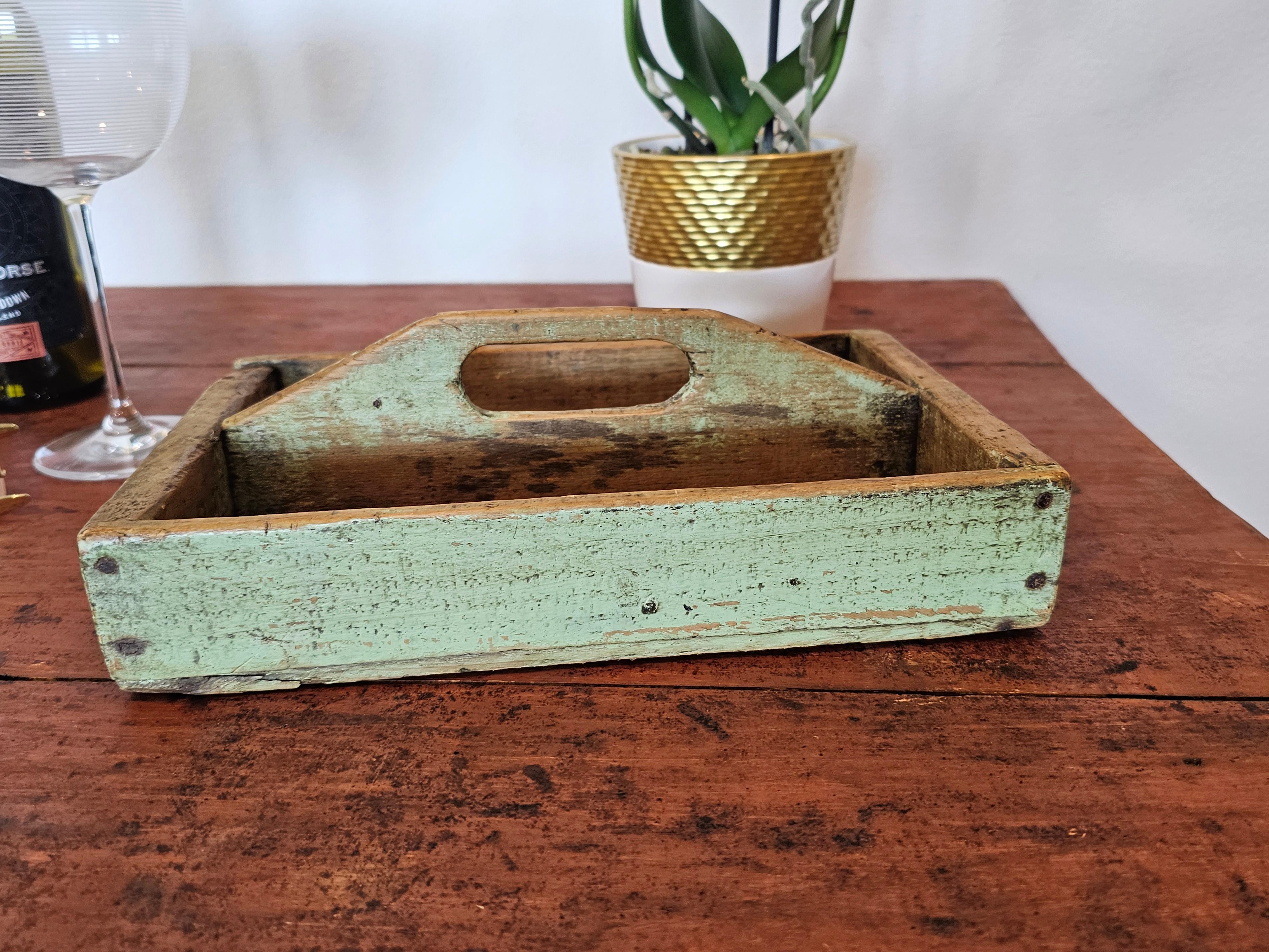 American Primitive Antique Painted Wooden Cutlery Caddy Decorative Tray For Sale