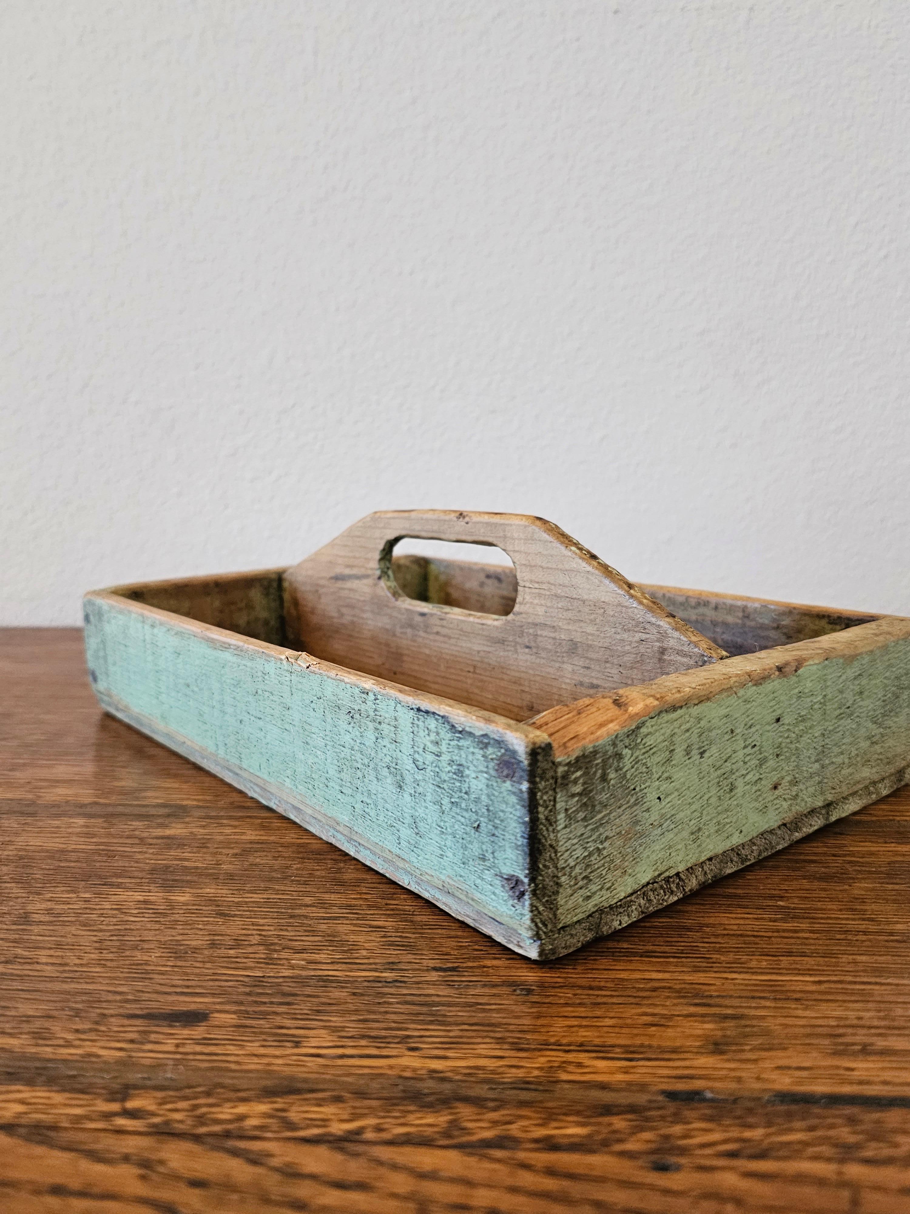 19th Century Primitive Antique Painted Wooden Cutlery Caddy Decorative Tray For Sale