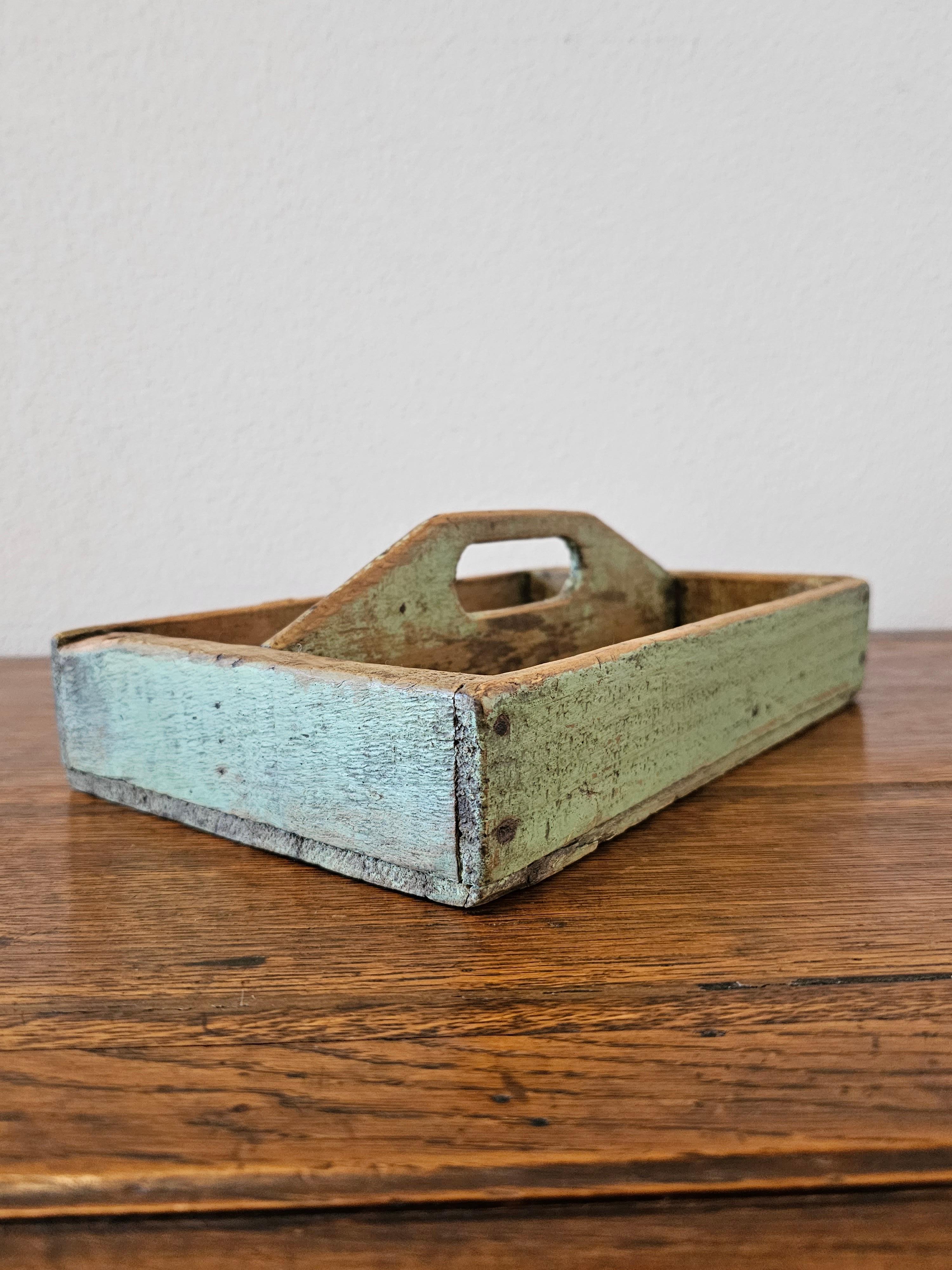 Reclaimed Wood Primitive Antique Painted Wooden Cutlery Caddy Decorative Tray For Sale
