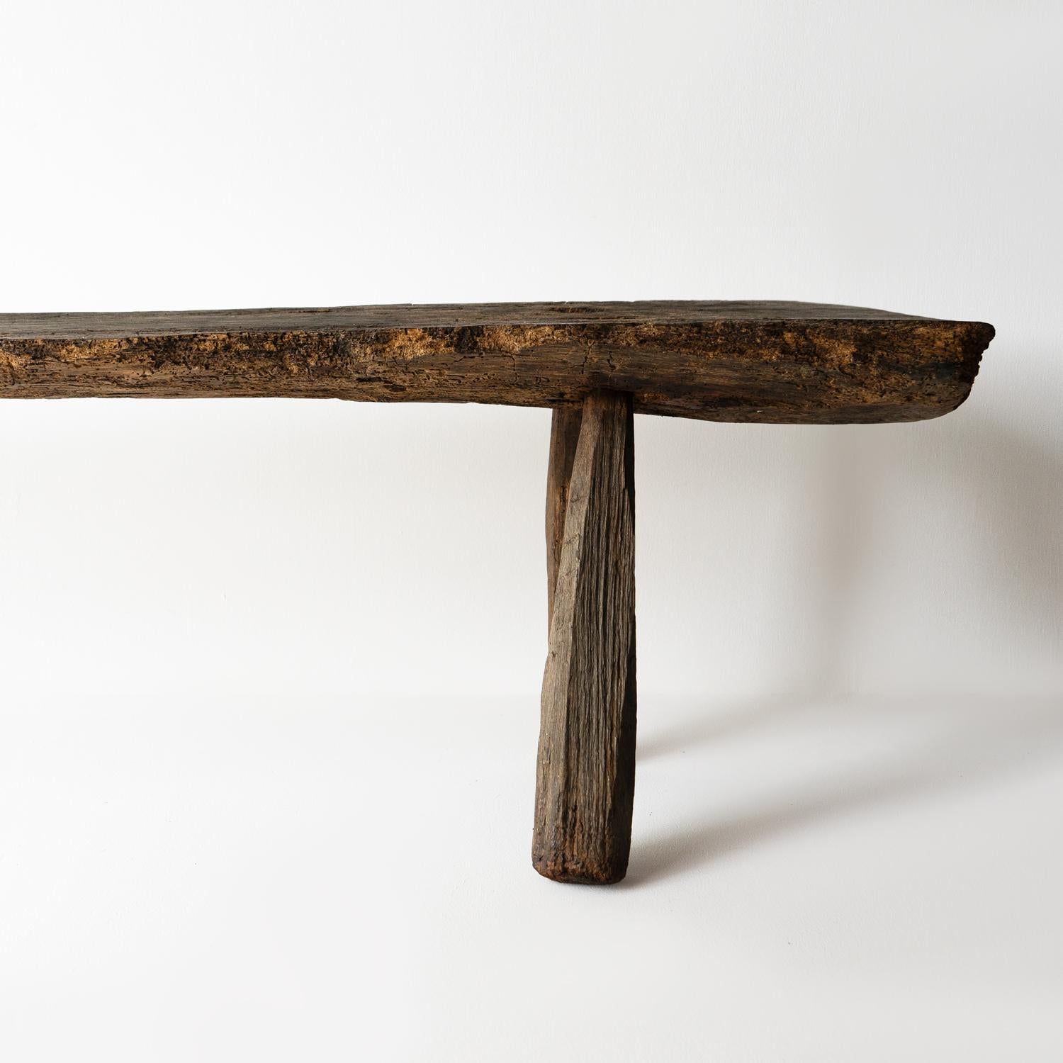Primitive Antique Pig Bench, Long Single Slab Elm, 18th Century 4