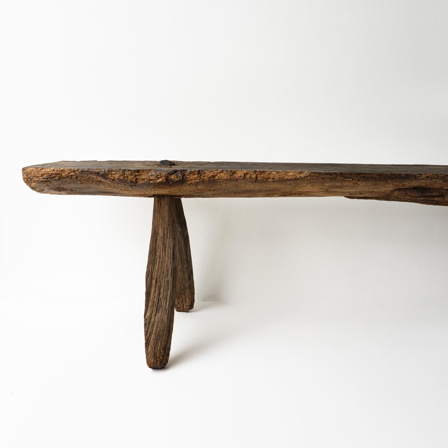 Primitive Antique Pig Bench, Long Single Slab Elm, 18th Century 5
