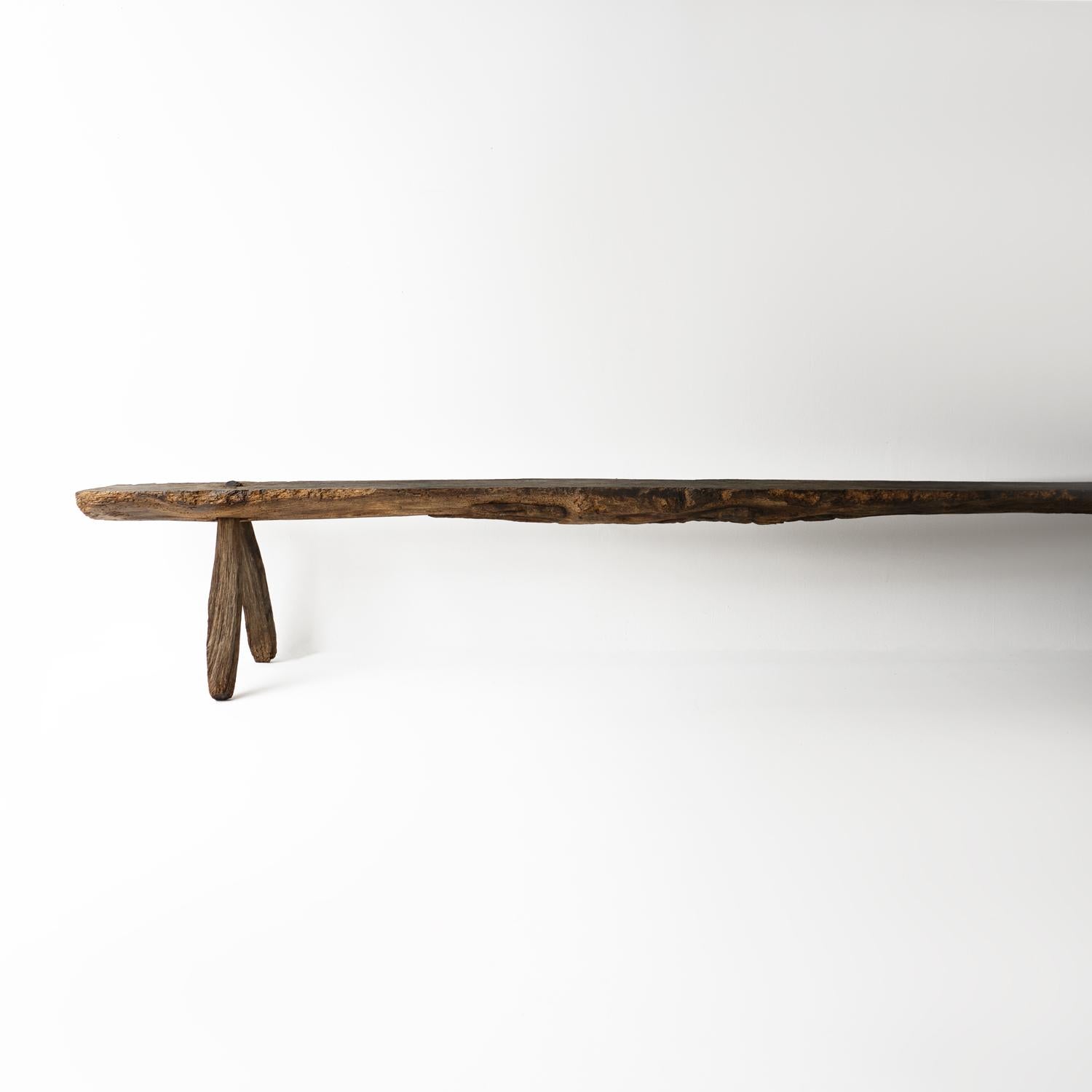 Primitive Antique Pig Bench, Long Single Slab Elm, 18th Century 6