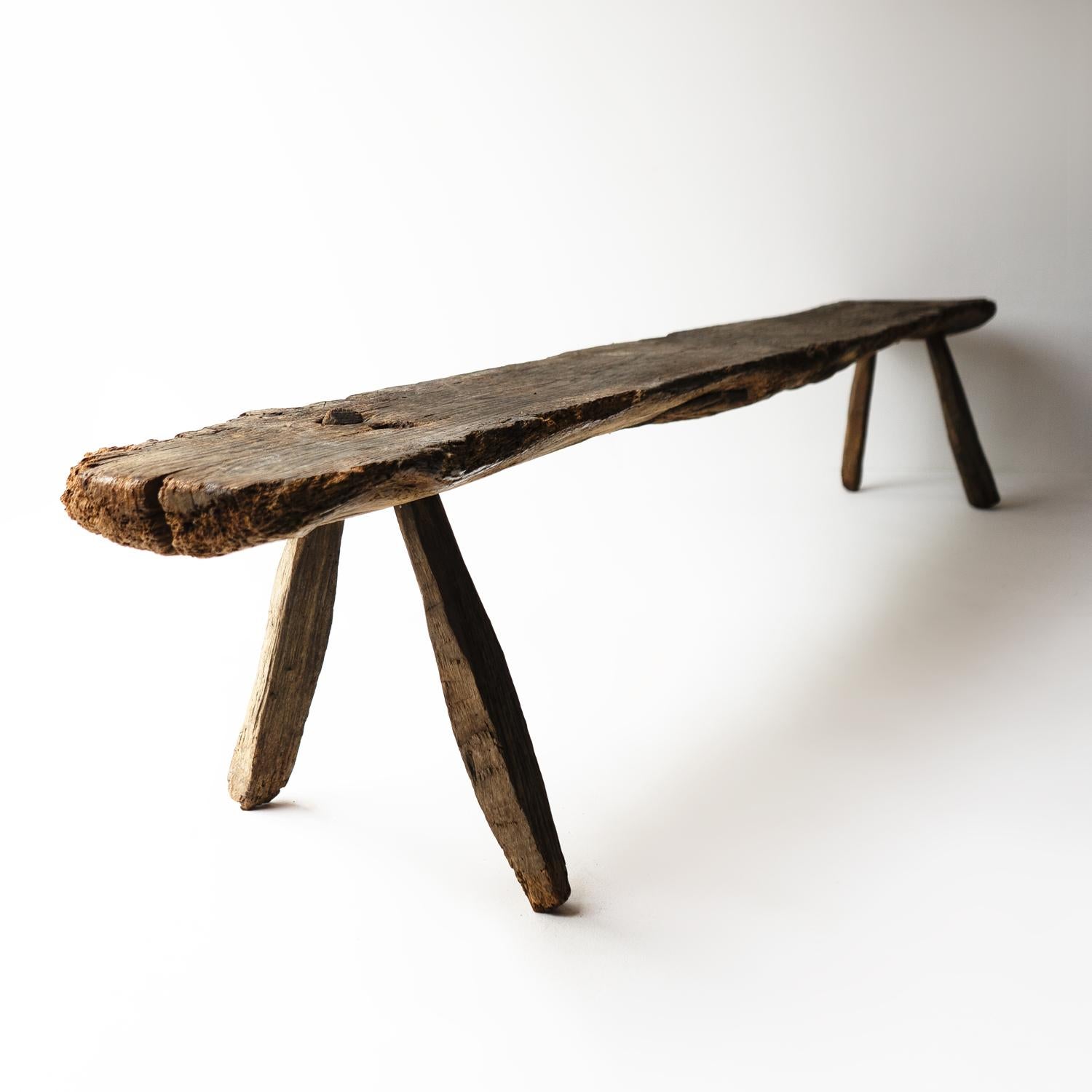 Primitive Antique Pig Bench, Long Single Slab Elm, 18th Century 7
