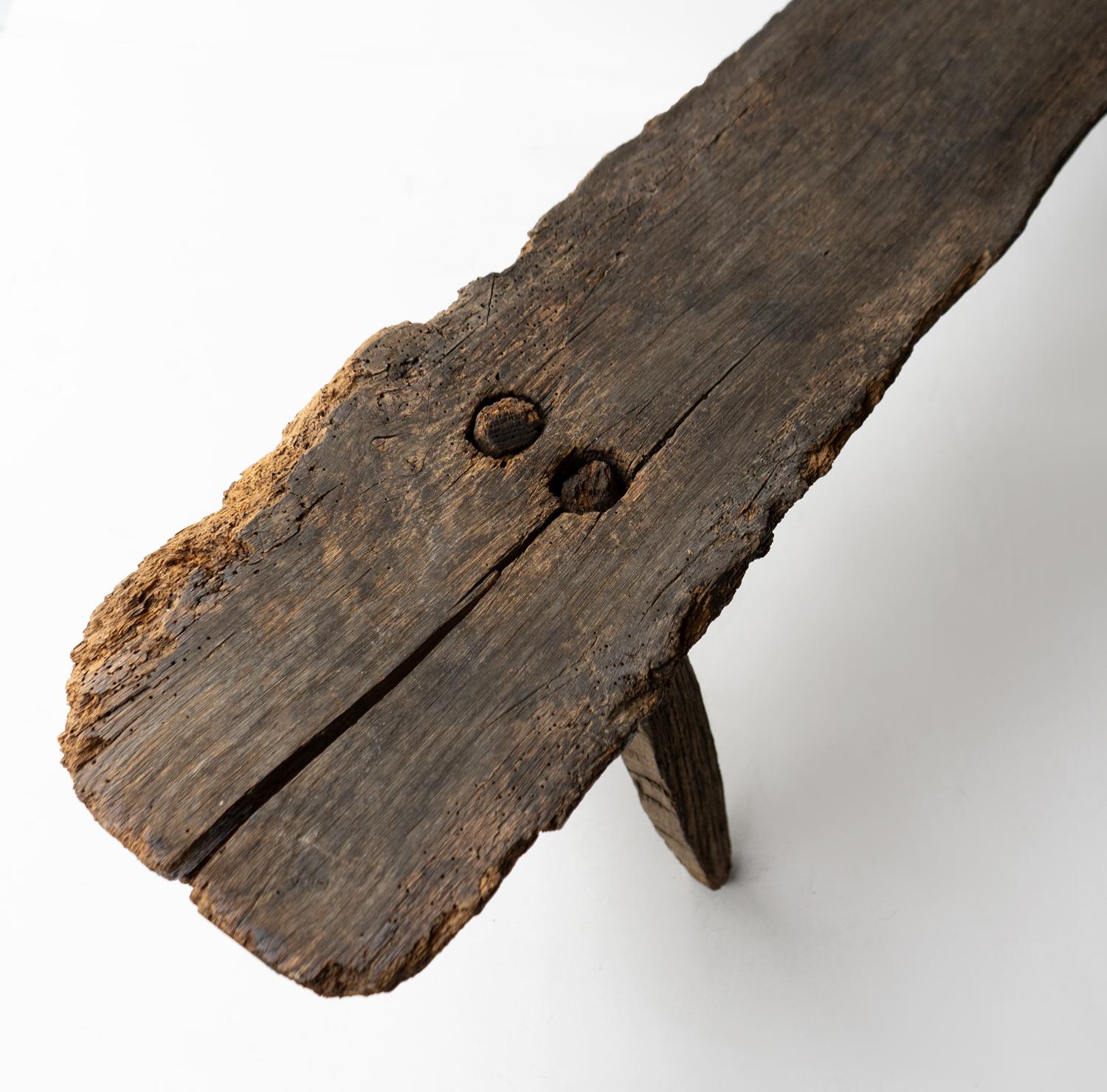 Primitive Antique Pig Bench, Long Single Slab Elm, 18th Century 9
