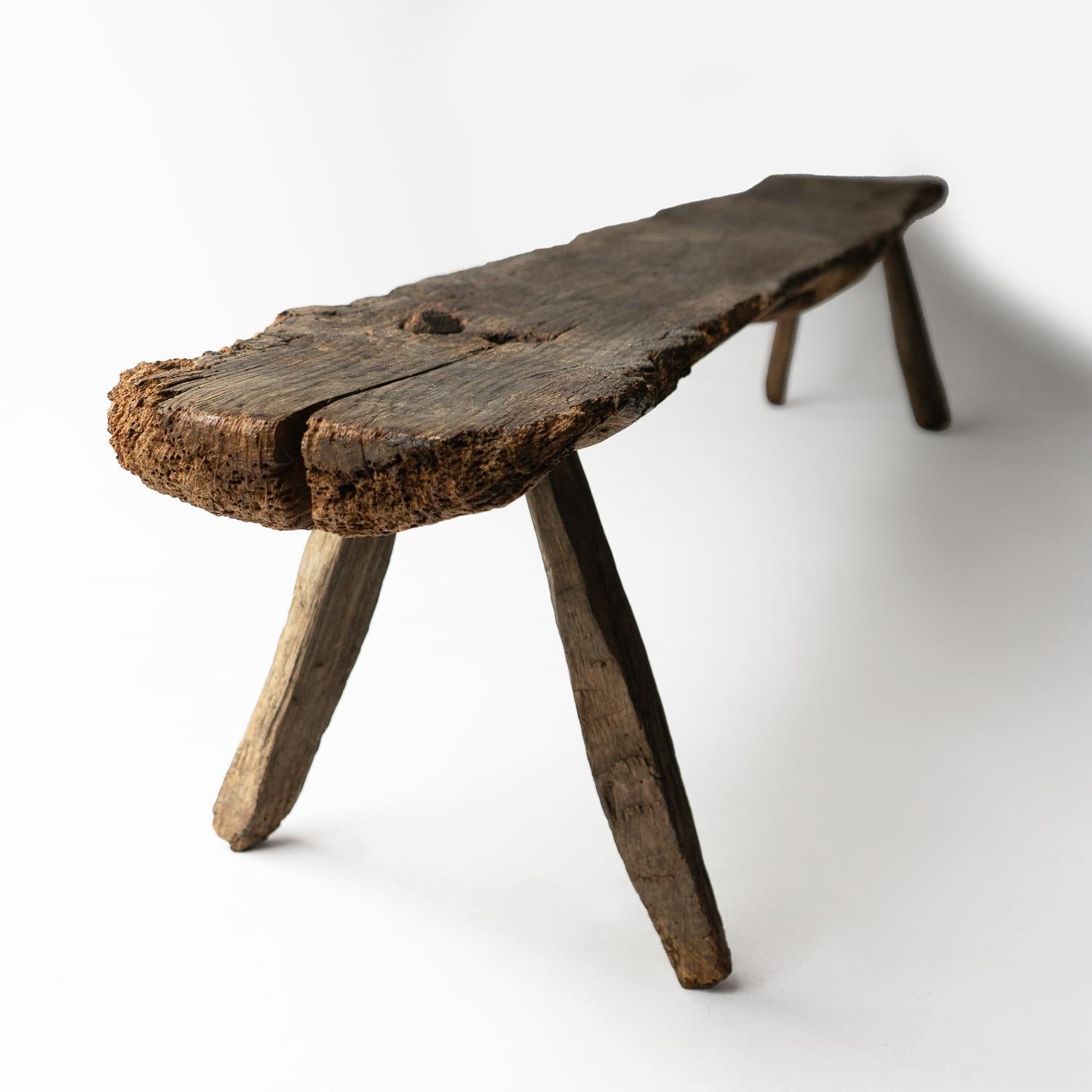 RUSTIC ANTIQUE BENCH 

A long gnarly wooden bench full of character from many years of use.

The thick single plank top, believed to be elm is formed from the edge piece of a tree trunk, the curved underside still has some of the original bark