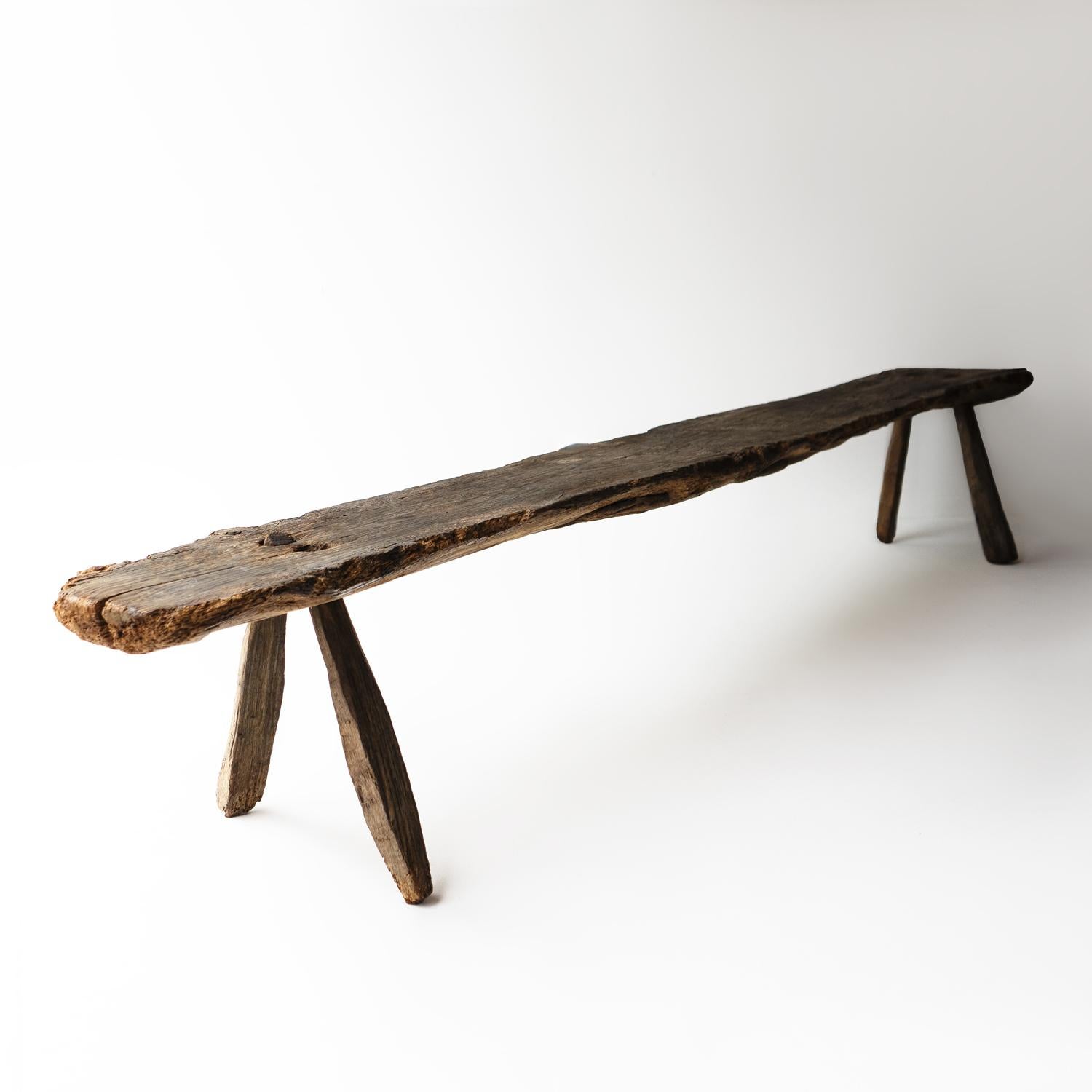European Primitive Antique Pig Bench, Long Single Slab Elm, 18th Century