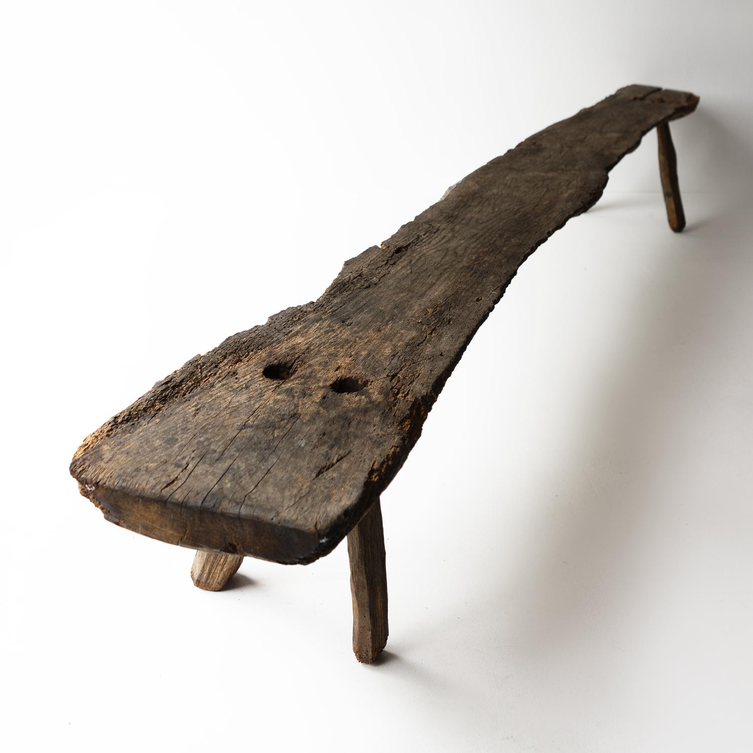 Hand-Carved Primitive Antique Pig Bench, Long Single Slab Elm, 18th Century