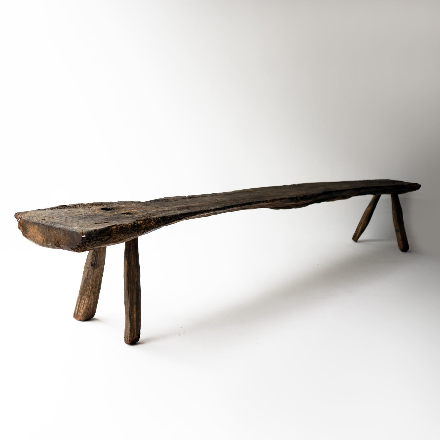 Primitive Antique Pig Bench, Long Single Slab Elm, 18th Century 1