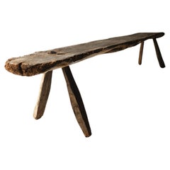 Primitive Antique Pig Bench, Long Single Slab Elm, 18th Century