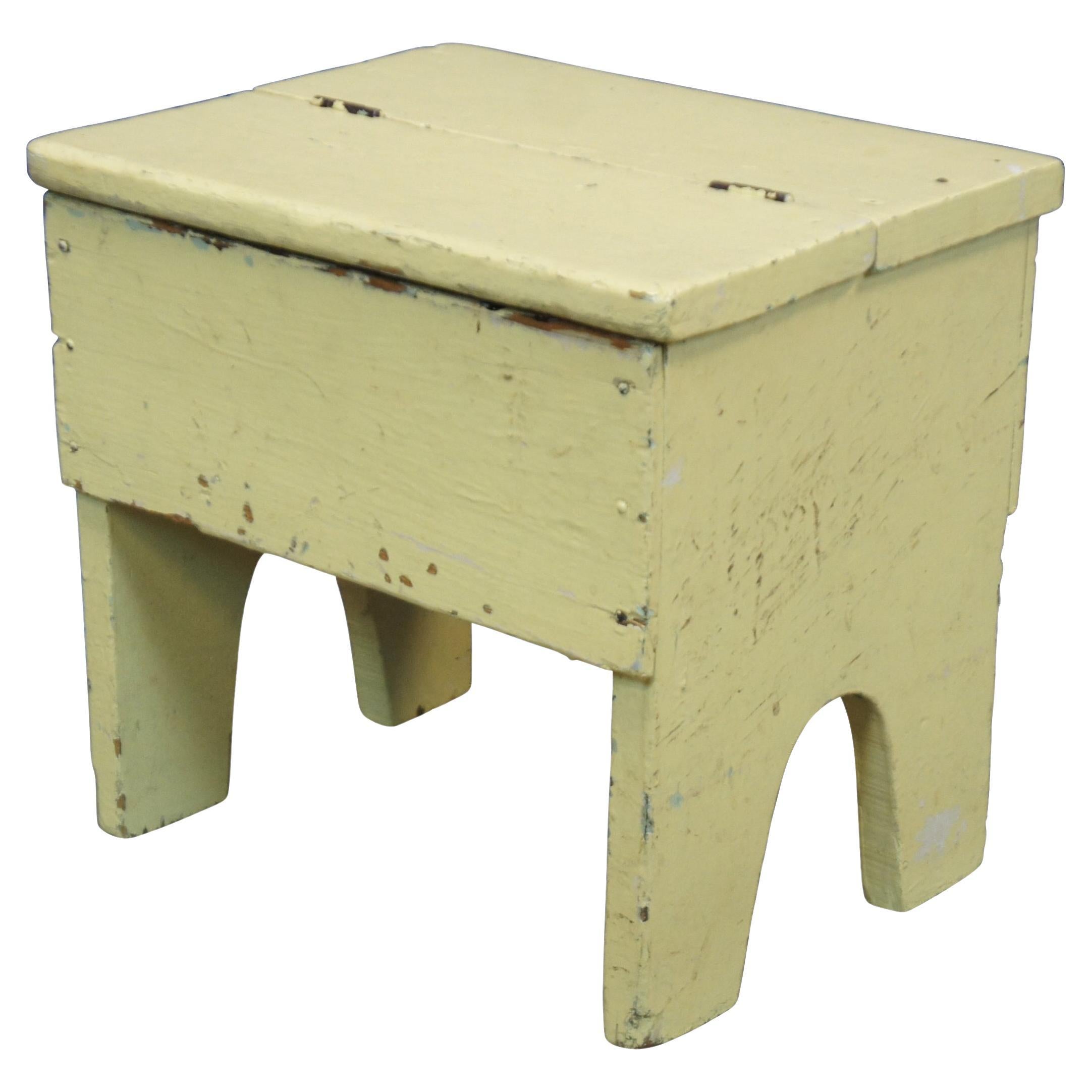 Primitive Antique Rustic Yellow Painted Shoe Shine Box Step Stool Farmhouse Chic