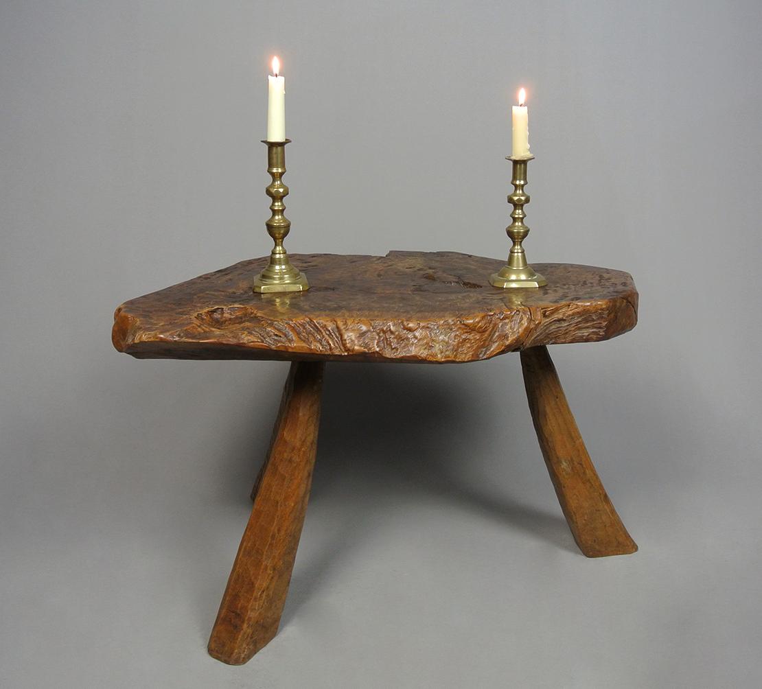 Primitive Antique Solid Burr Walnut Bench or Table with Copper Penny c. 1940 For Sale 3