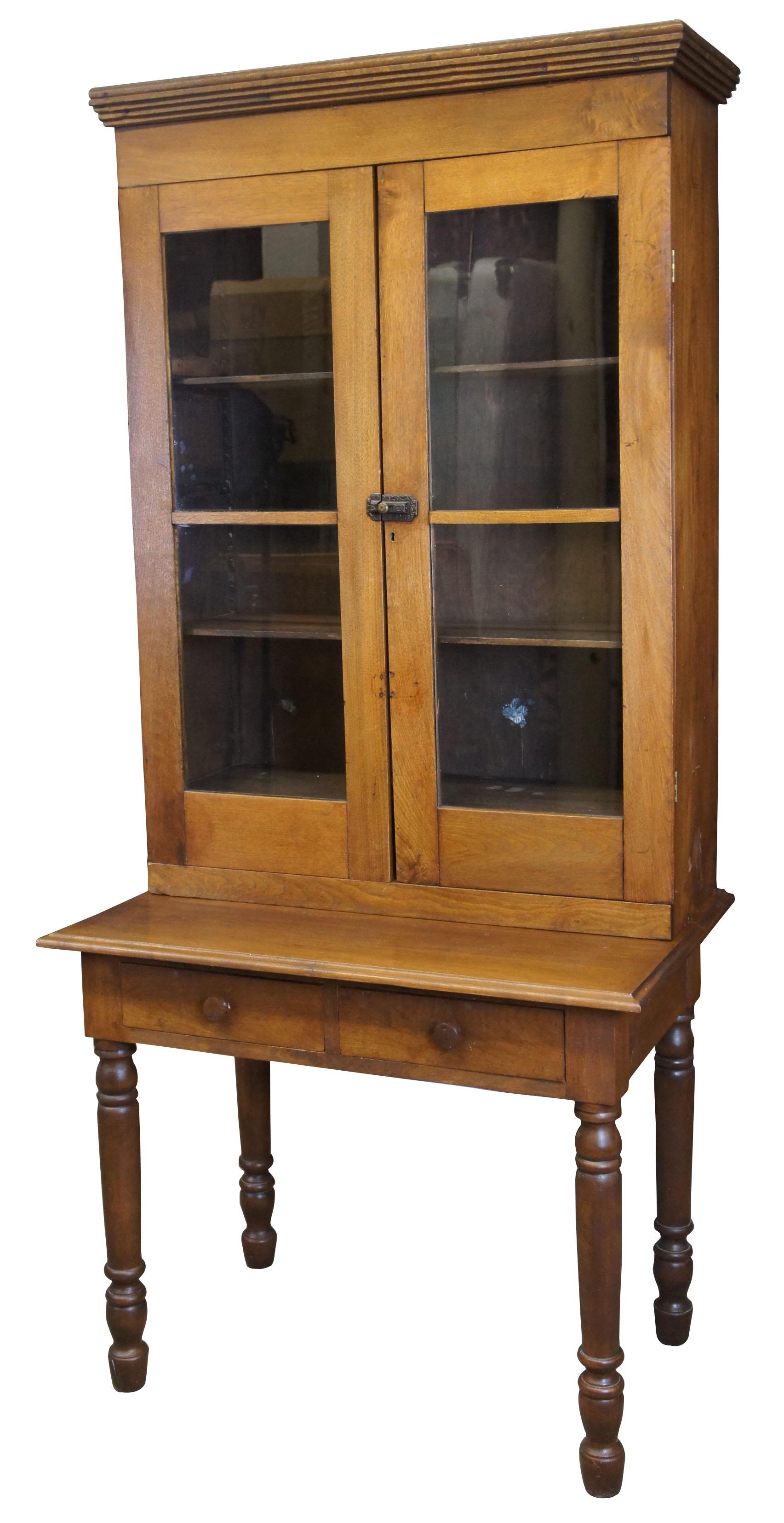 Primitive antique solid walnut plantation desk stepback cabinet hutch bookcase

Late 19th century plantation desk. Features two drawers and hutch. Hutch opens to ten cubbies and two adjustable shelves. Also features a latch along the top and