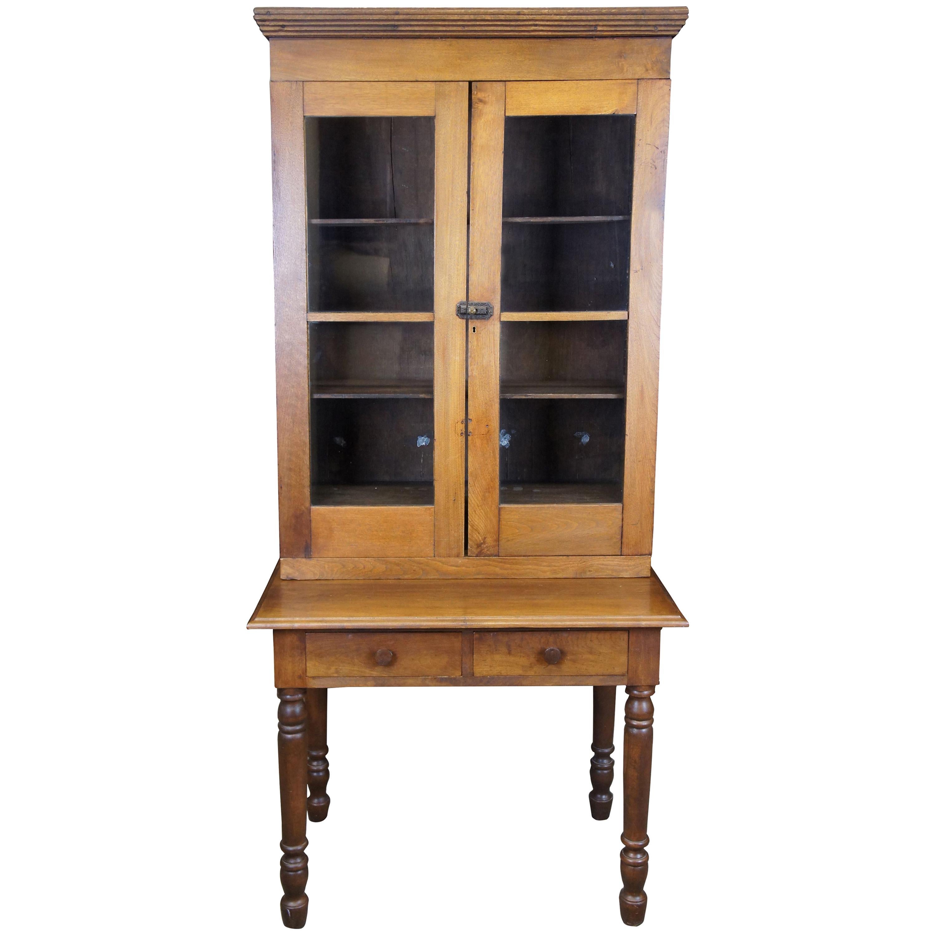 Primitive Antique Solid Walnut Plantation Desk Stepback Cabinet Hutch Bookcase
