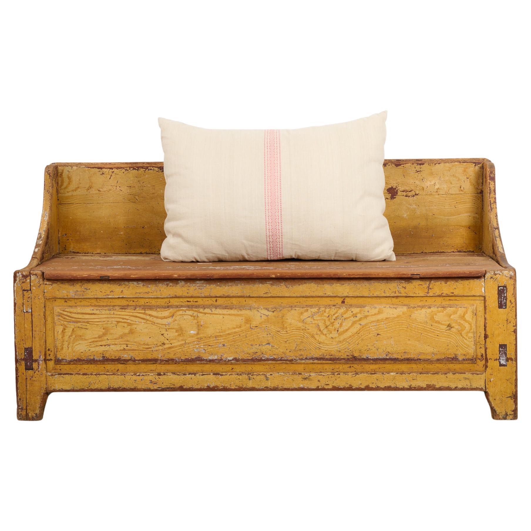 Rustic Antique Swedish Folk Art Pine Bench or Sofa with Birch Faux Paint