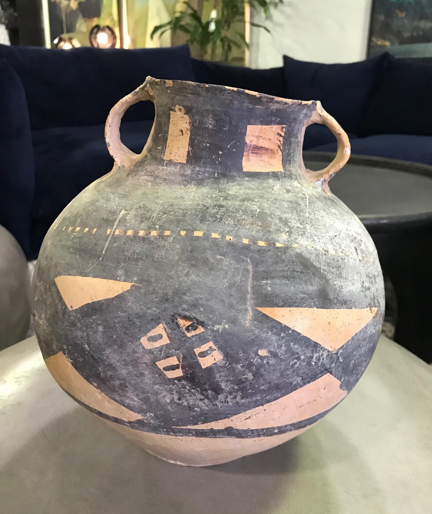 Primitive Archaic Handcrafted Large Ceramic Pottery Bowl Pot with Handles In Good Condition In Studio City, CA