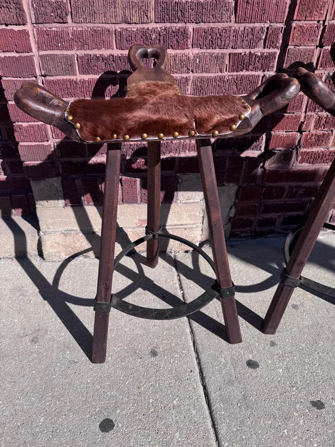 Primitive Asian Birthing Chair Inspired Bar Stools Upholstered In Cowhide, Pair For Sale 4