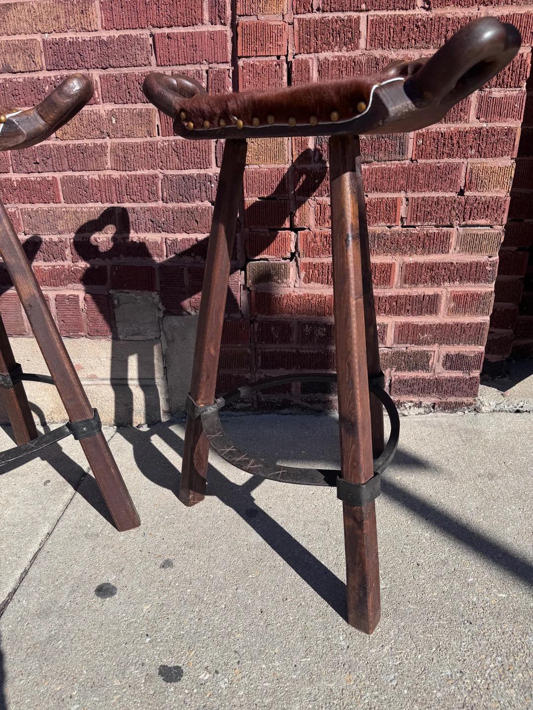 Unknown Primitive Asian Birthing Chair Inspired Bar Stools Upholstered In Cowhide, Pair For Sale