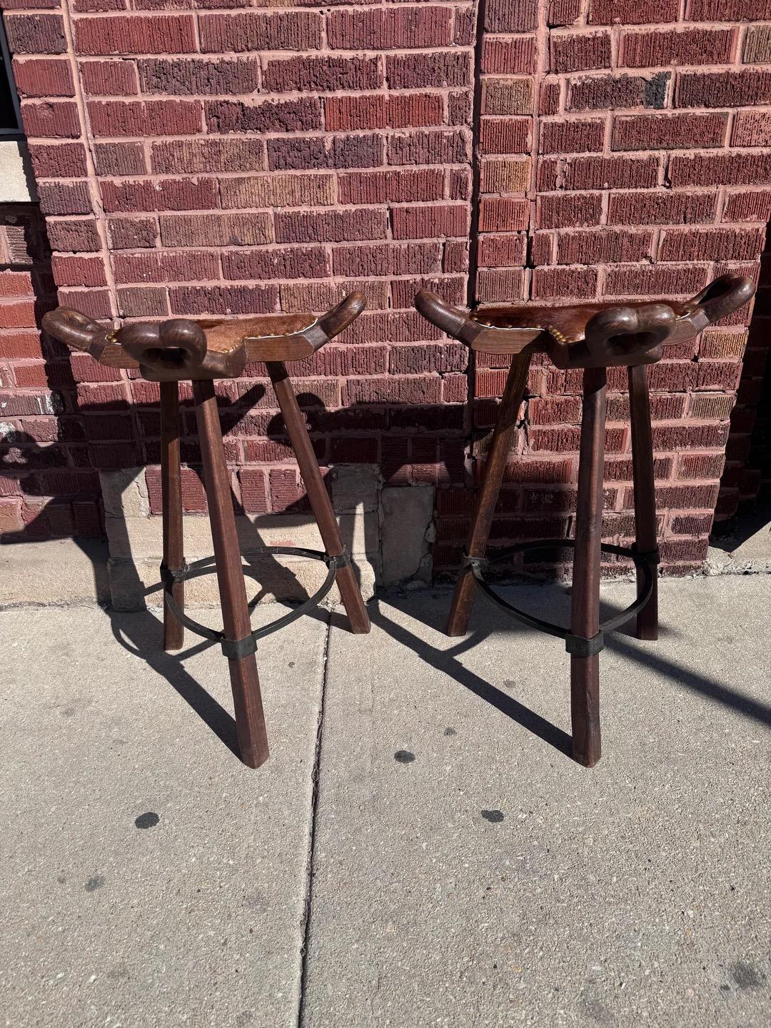 Primitive Asian Birthing Chair Inspired Bar Stools Upholstered In Cowhide, Pair For Sale 1