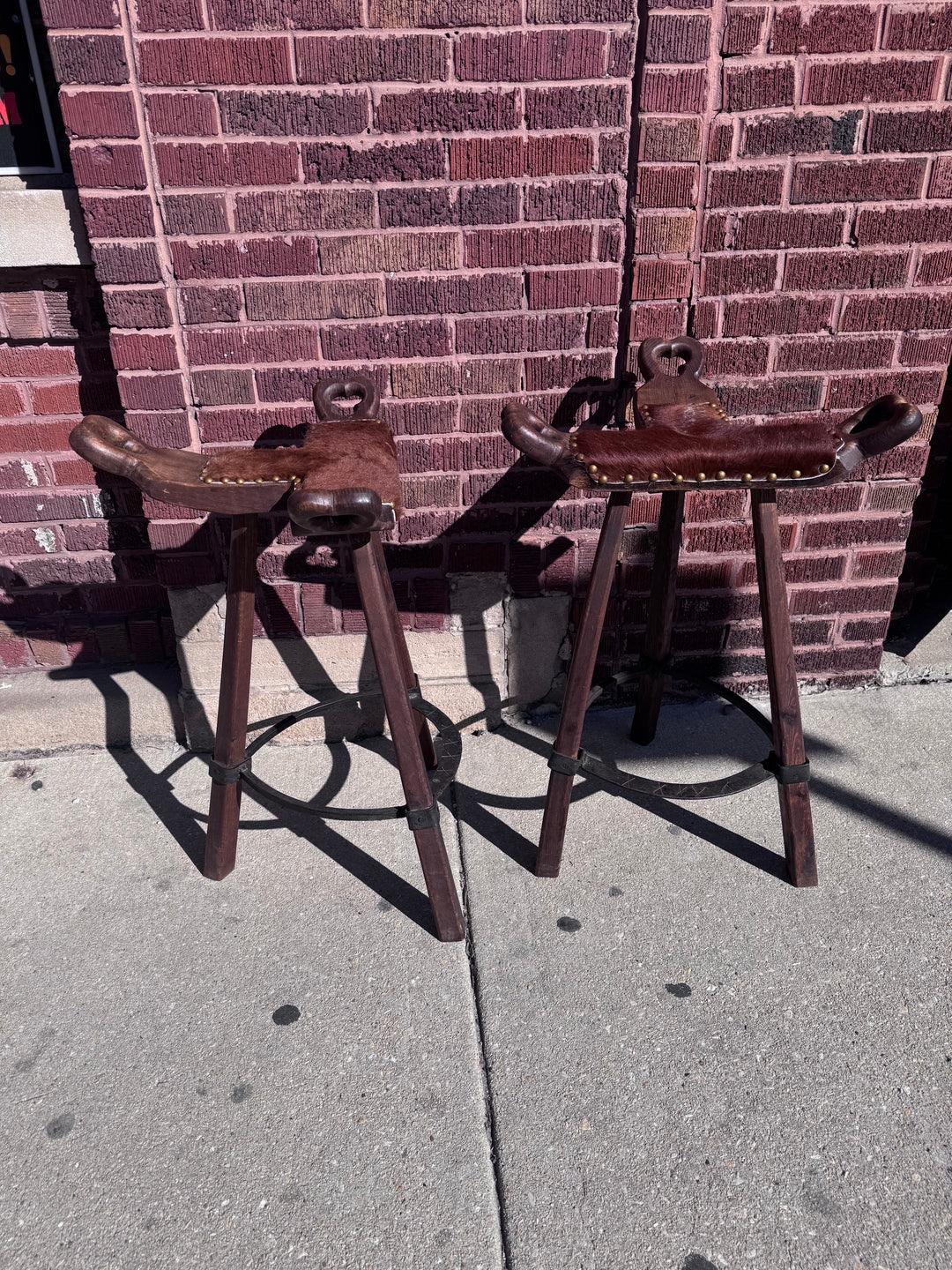 Primitive Asian Birthing Chair Inspired Bar Stools Upholstered In Cowhide, Pair For Sale 2